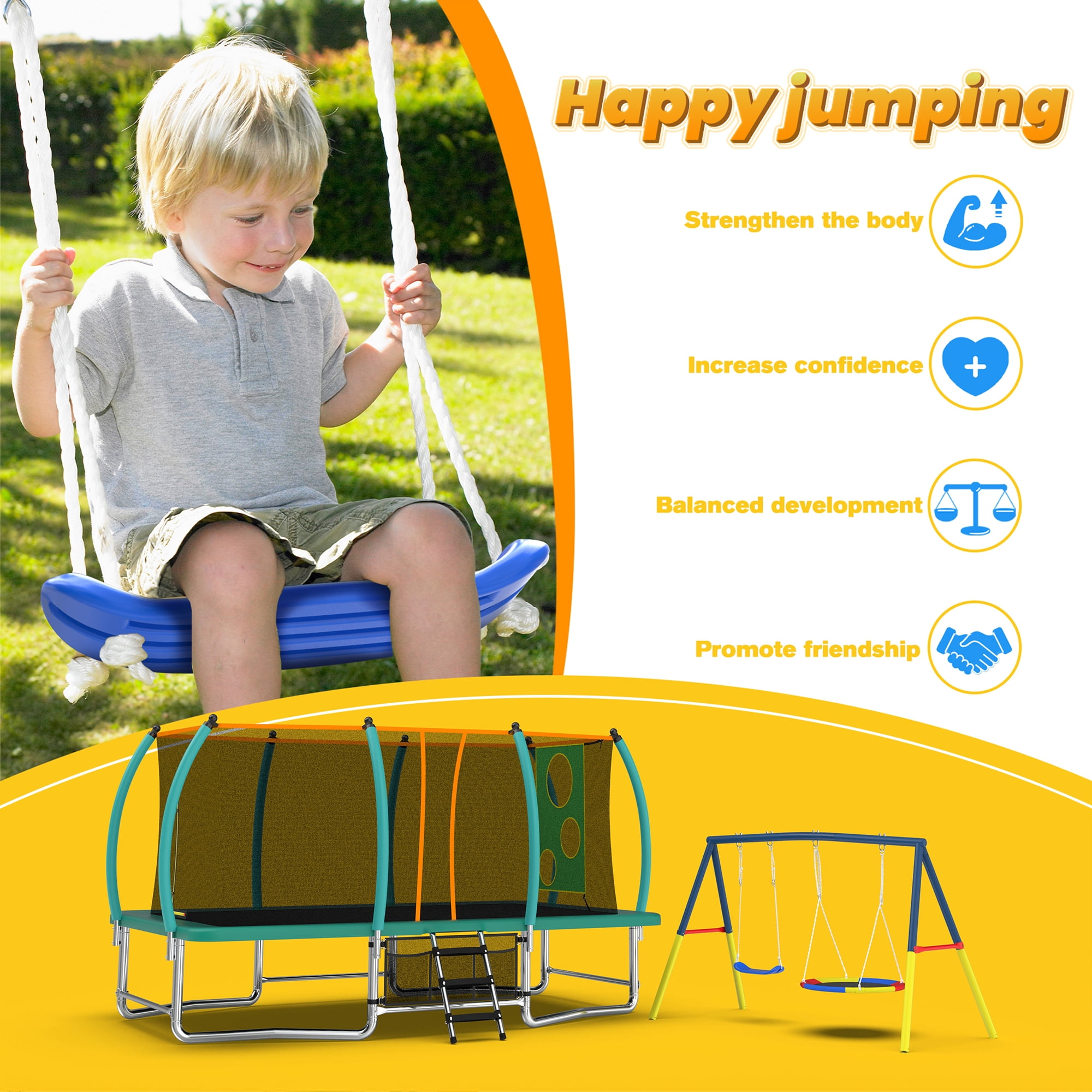 Mersco 4-in-1 Rectangular Trampoline with Swing Set and Enclosure Net (Green, 10 ft x 16 ft) 5k7pn