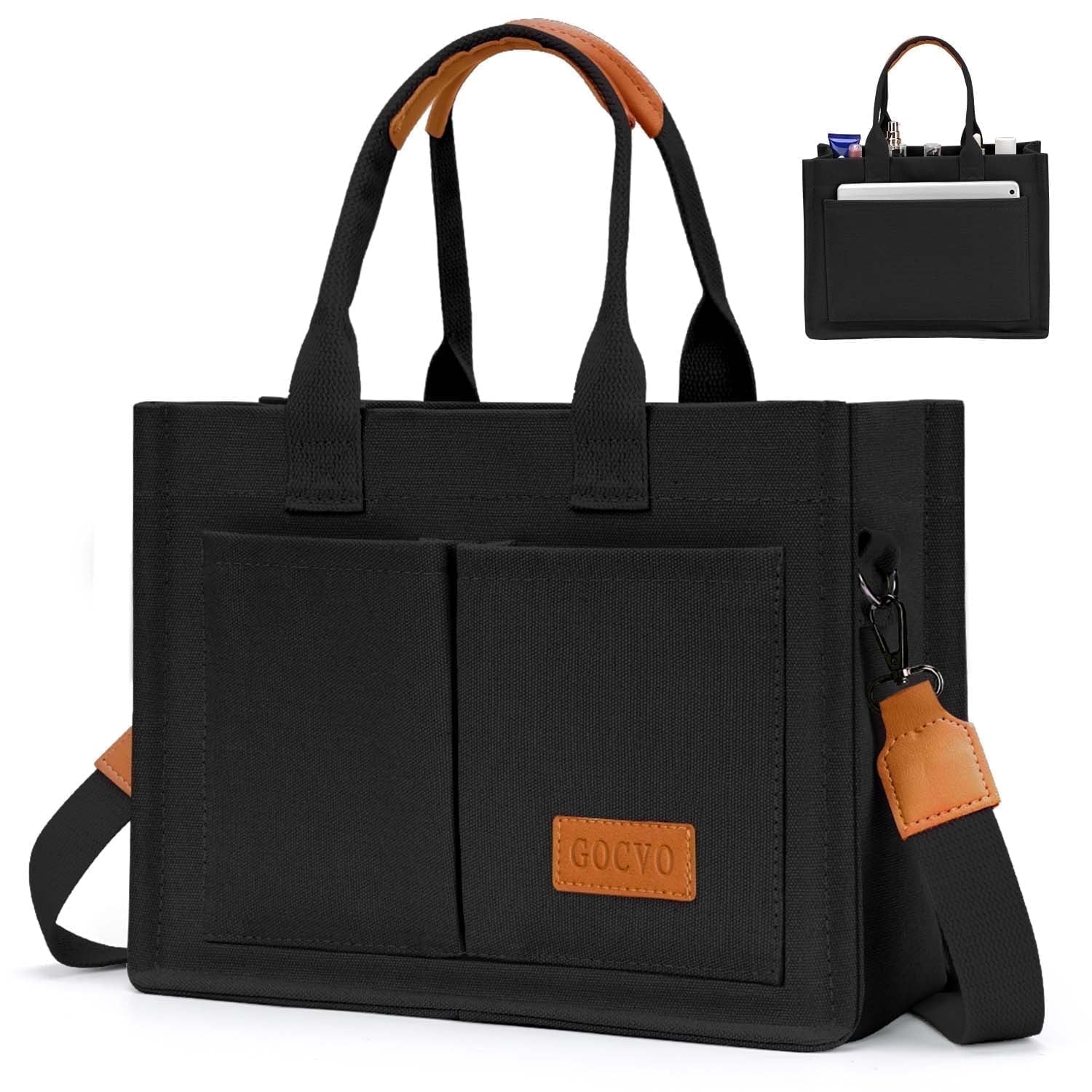 Gocvo Canvas Tote Bag for Women, Large Multi-Pocket Crossbody Handbag (Black, 15 in x 12 in x 5 in) ibyfq