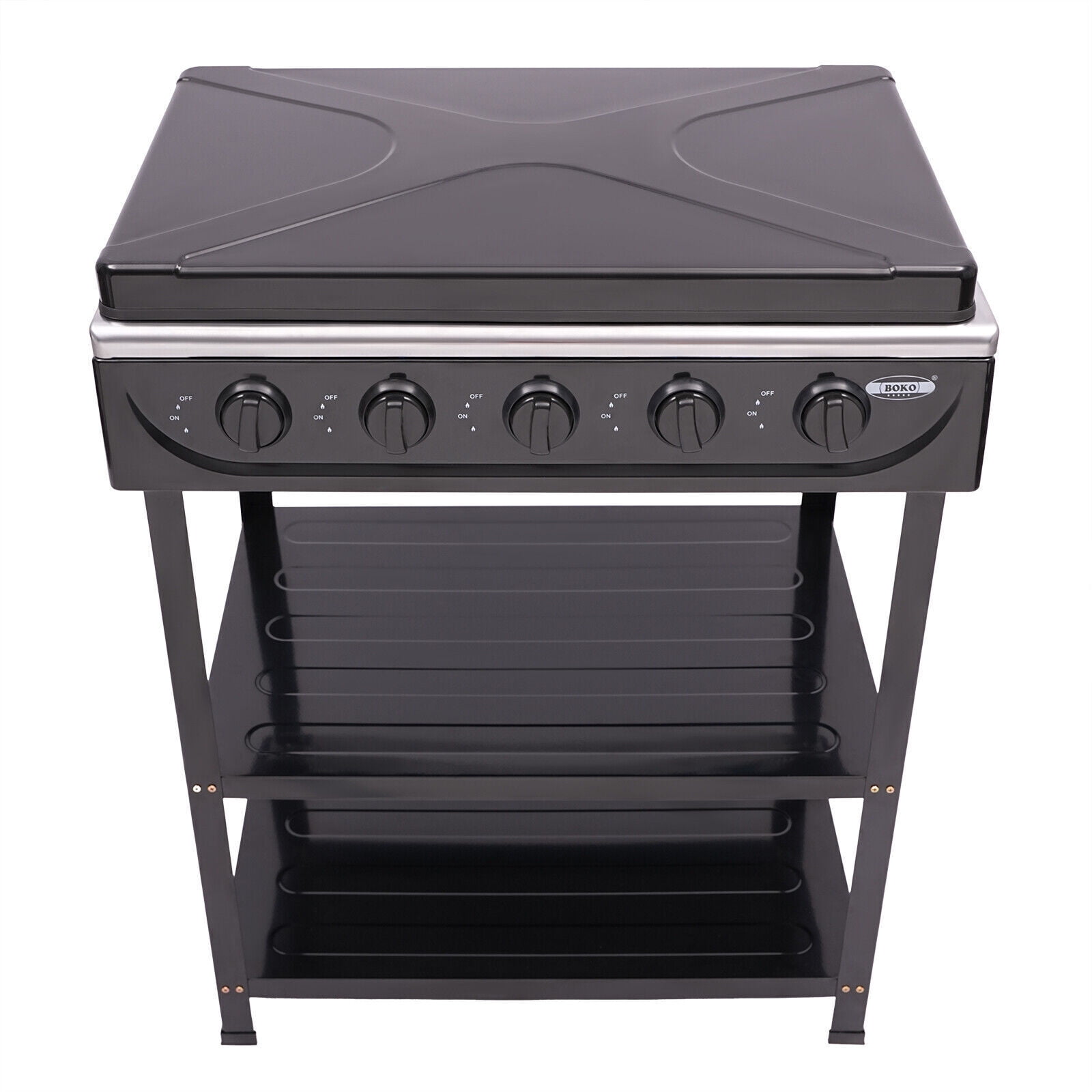Generic 5-Burner Gas Stove Outdoor Camping BBQ Grill with 2-Tier Storage Rack (Black) g36xu