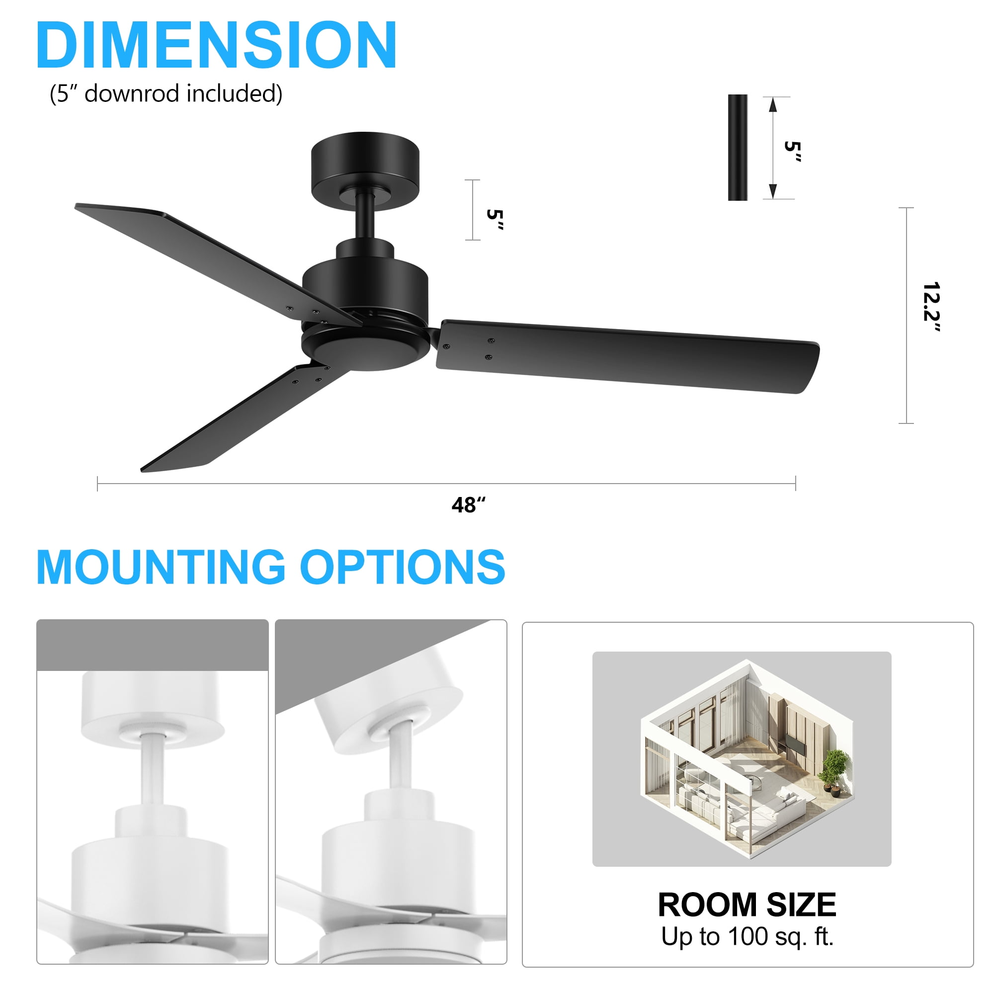 ALKAFY Industrial Ceiling Fan 2-Pack, 48 in Remote Control, 6-Speed Reversible DC Motor, Indoor Outdoor Use (Black, 2-Pack) p259w