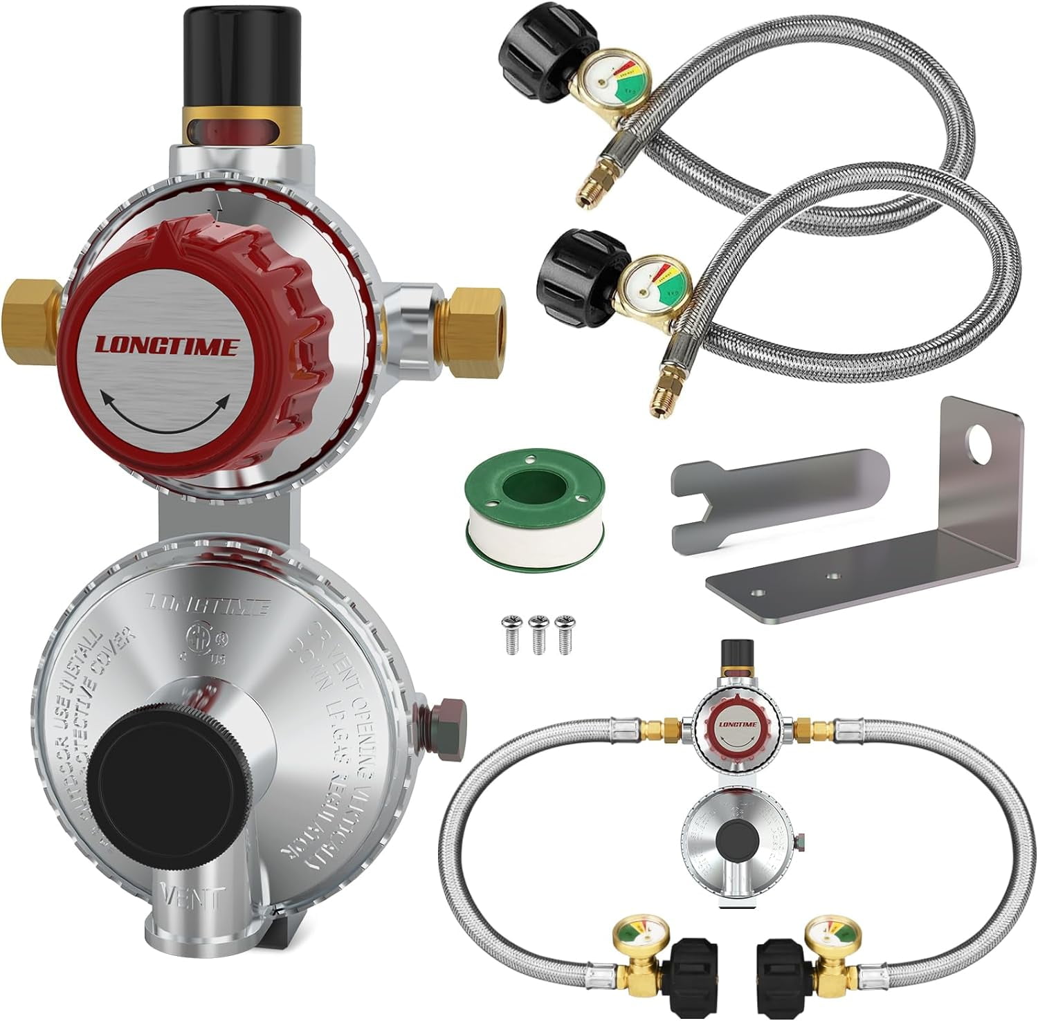 Aokur Automatic 2-Stage LP Propane Gas Regulator Kit with Dual 18 in Stainless Braided Pigtail Hoses and Gauge (1/4 in Inverted Male Flare) opmuu