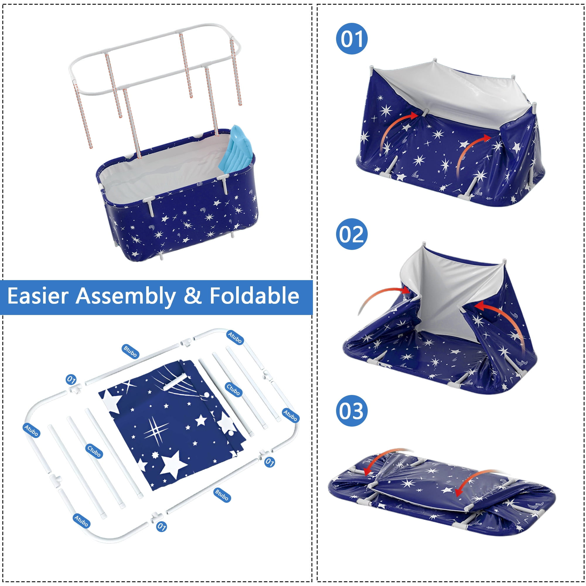 Beuway Portable Foldable Bathtub for Adults and Kids, Large Freestanding Spa Tub for Hot or Ice Bath (Blue, 47 in) qzgzc
