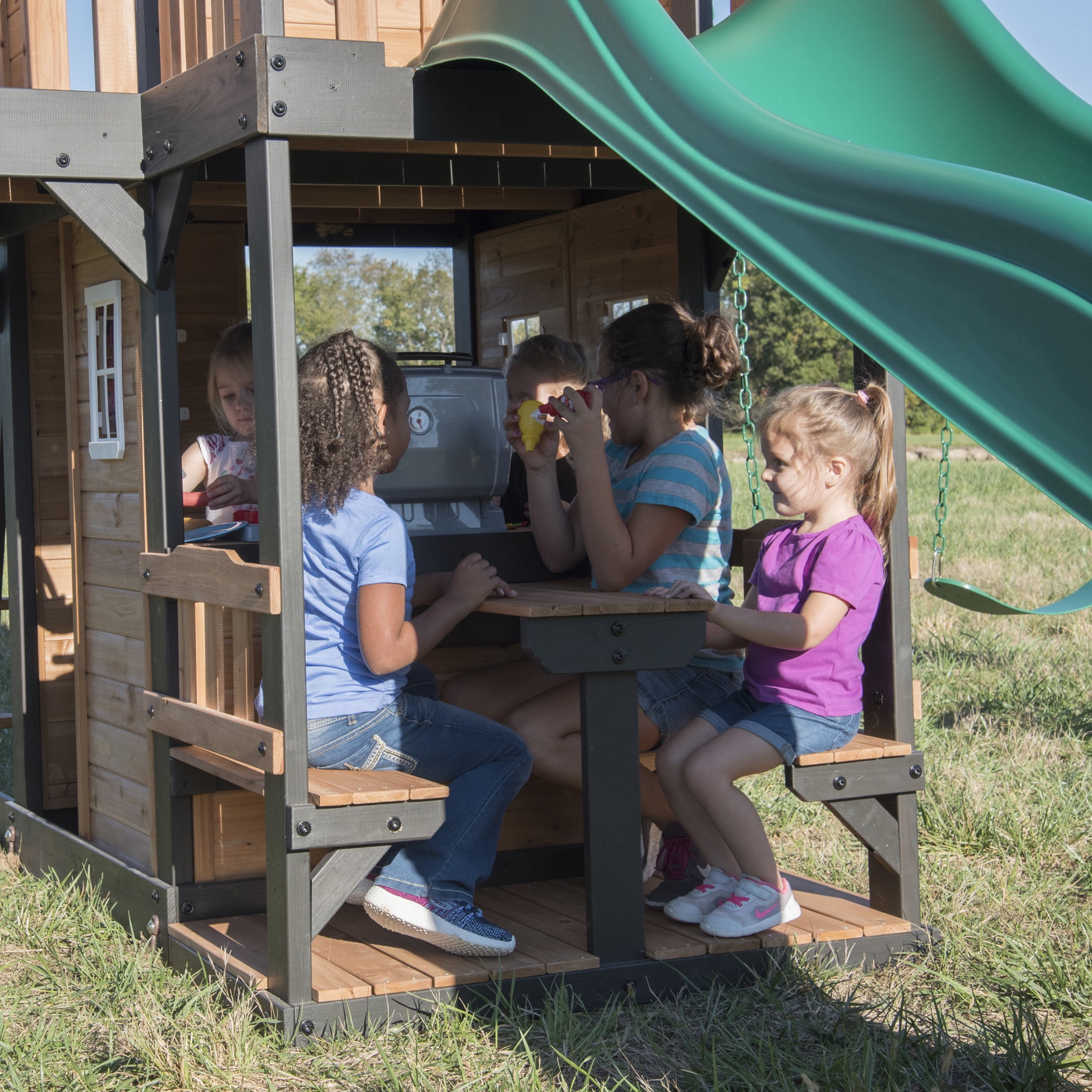 Backyard Discovery Canyon Creek Cedar Wood Swing Set with Slide, Clubhouse, and Rock Wall (Brown, 11-Child Capacity) 0hwjp