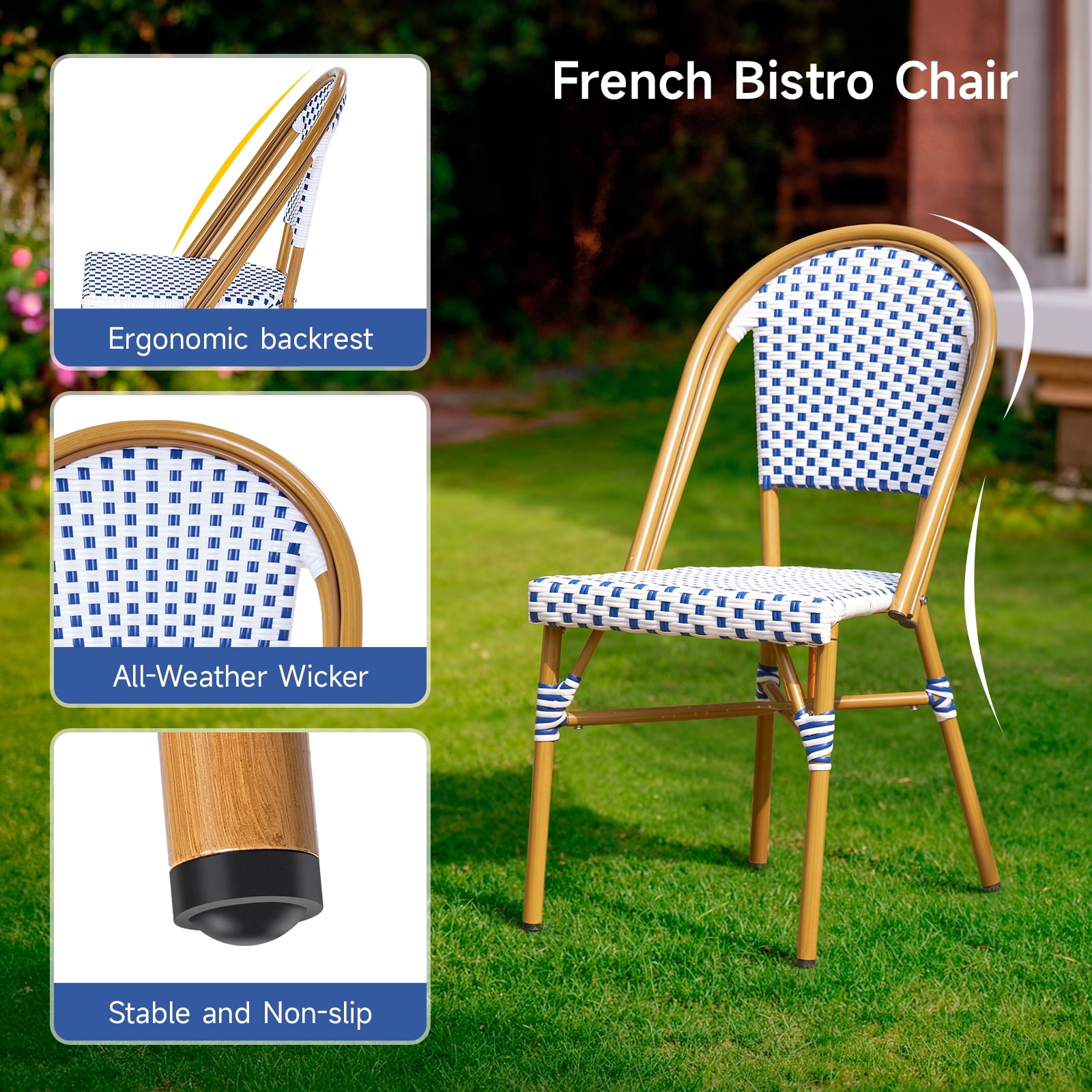 Dovov 3-Piece French Bistro Set, Outdoor Wicker Patio Table and 2 Chairs, Weather-Resistant Aluminum Frame (White, 3-Piece Set) 17ic1