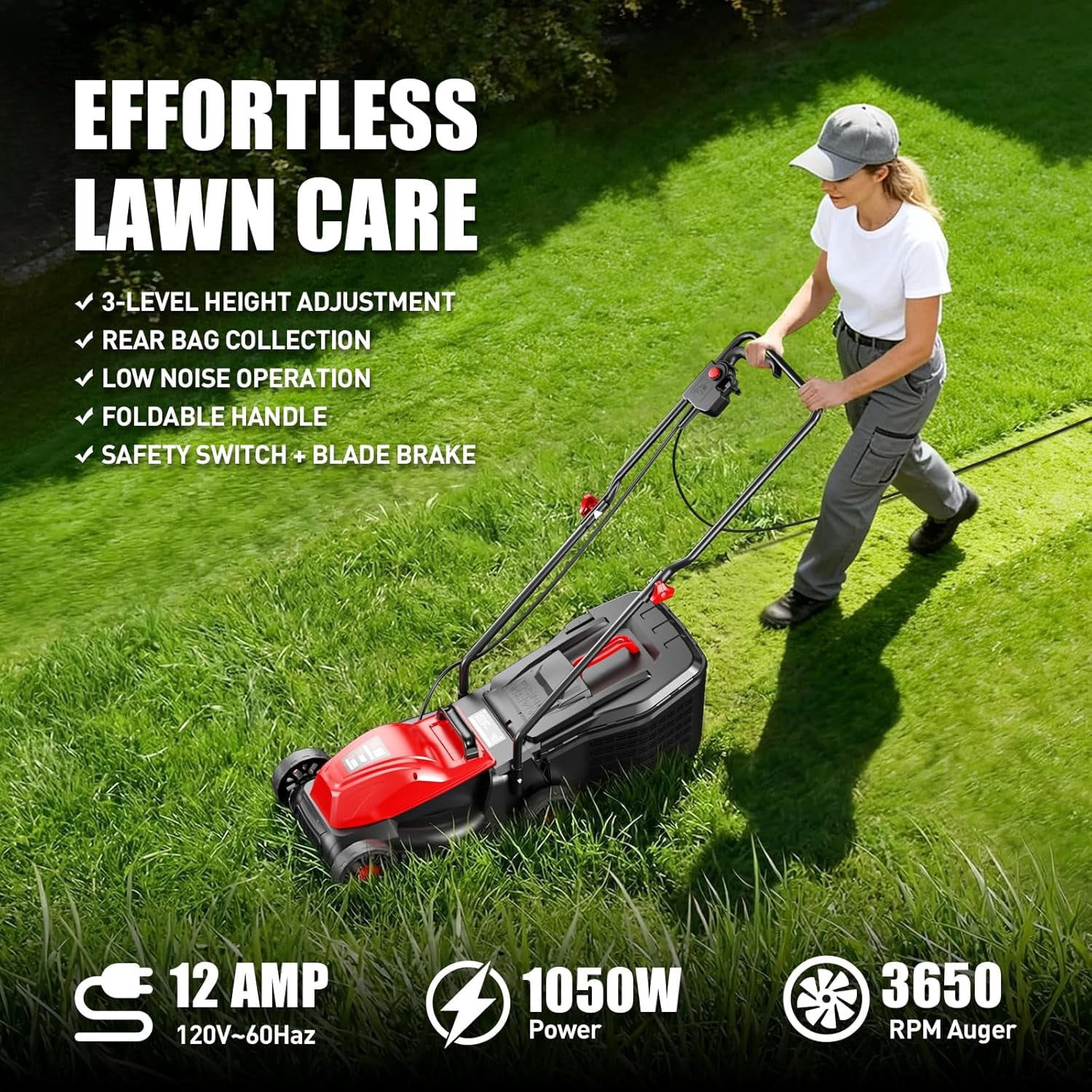 Datingday 14-Inch 12AMP Electric Corded Lawn Mower, Push-Button Start, Lightweight Walk-Behind Mower with Mulching and Bagging (Red, 14-Inch) qxbsr