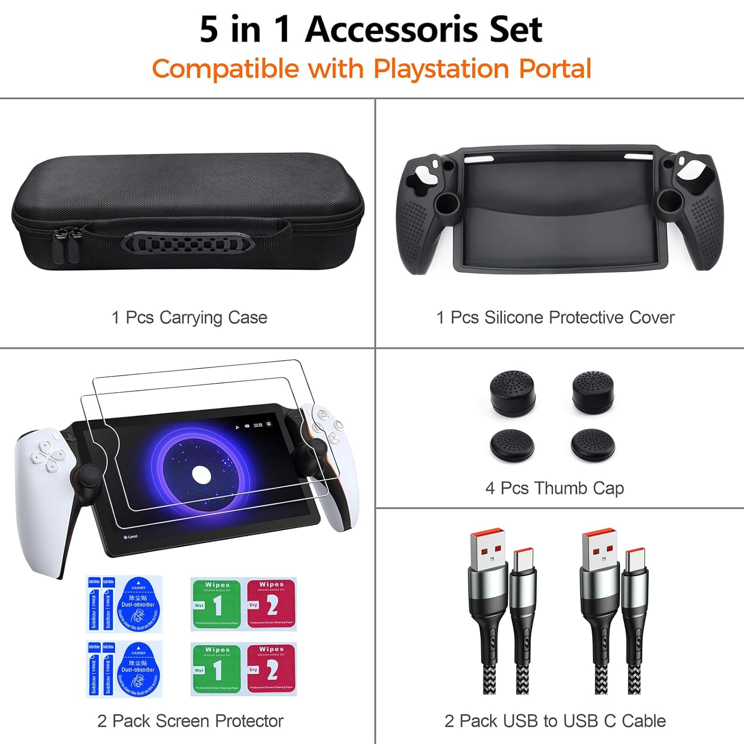 Uberwith PS Portal Accessories Bundle, EVA Carrying Case with Silicone Protective Cover, Screen Protector, Stick Caps, and USB C Cables (10-Piece Set) 6omtx