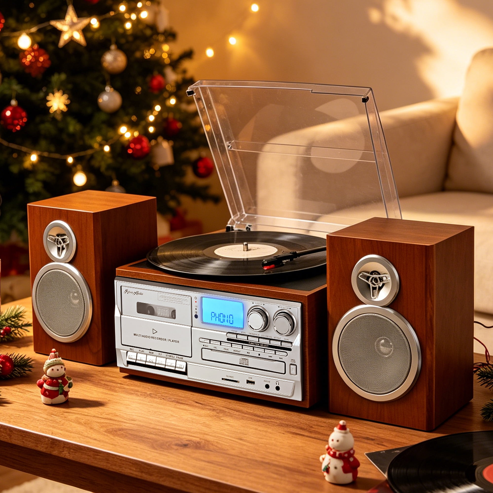 RetroAudio 10-in-1 Vintage Turntable System with Dual External Speakers, Bluetooth Connectivity, CD and Cassette Player (Brown) ltp6i