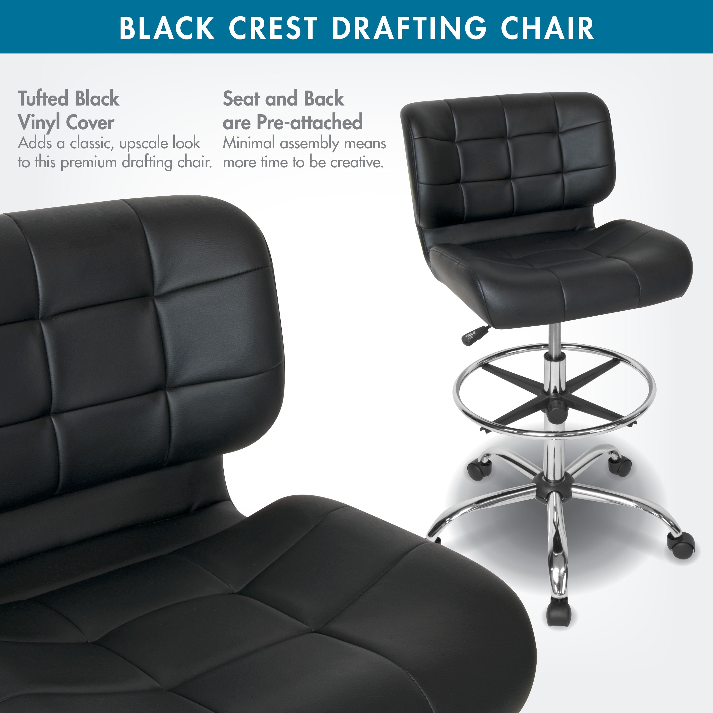 Studio Designs Height Adjustable Swivel Drafting Chair with Footring (Black, 24.5 in W x 24.5 in D x 41 in H) rbug7