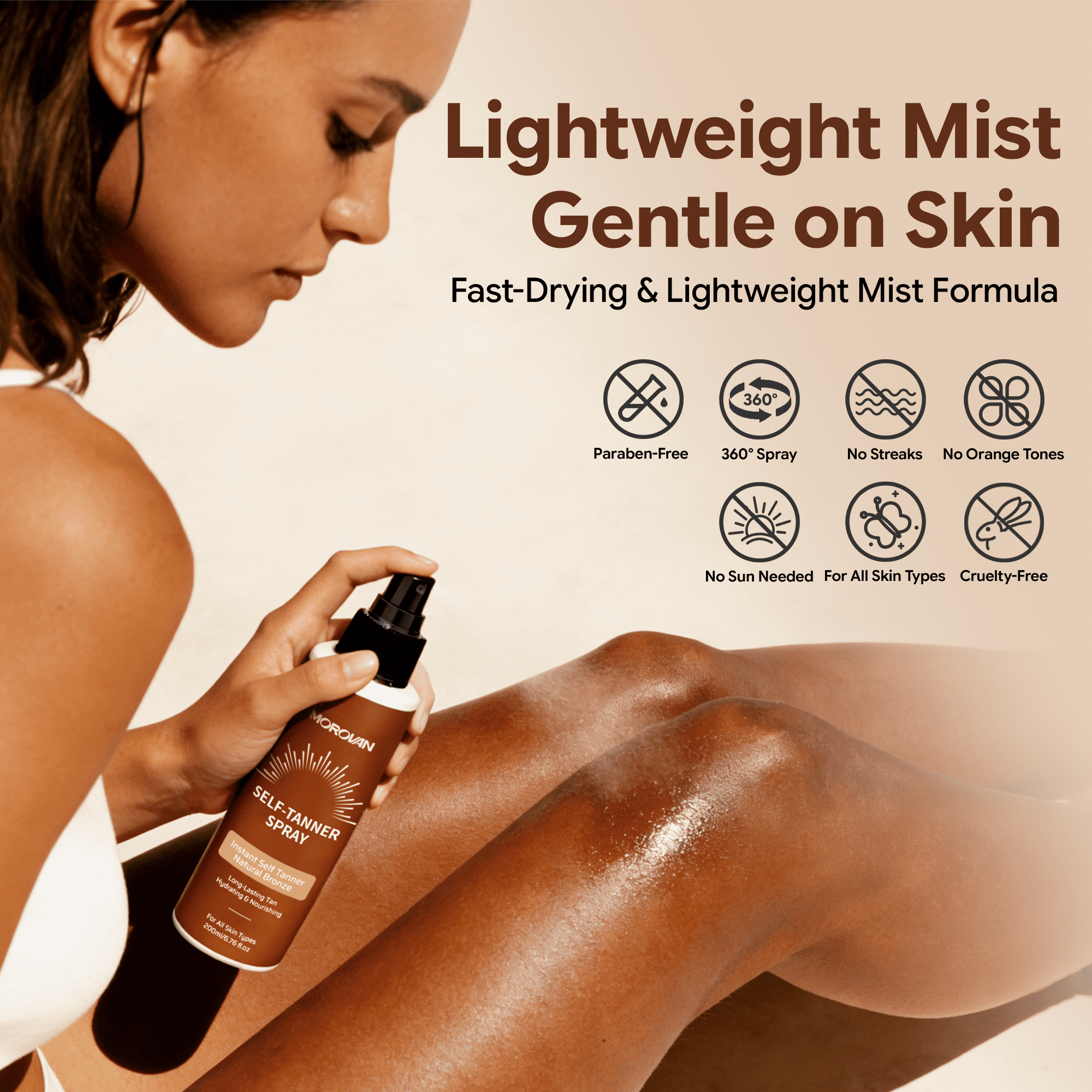MOROVAN Self-Tanner Spray Instant Natural Bronze, Long-Lasting Streak-Free Glow for Face and Body (6.76 fl oz) d8sk1