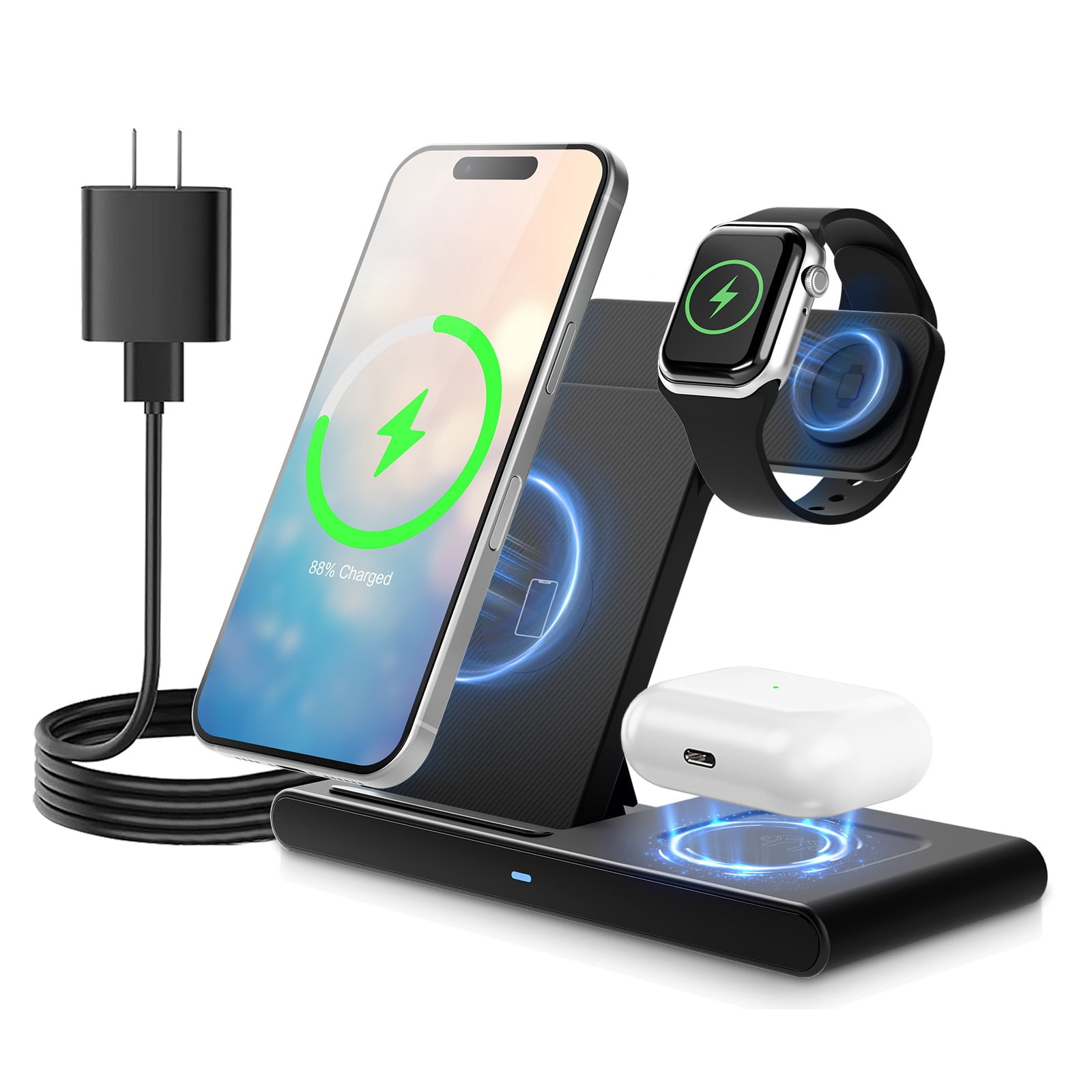 BAOKALER 3-in-1 Wireless Charging Station, Fast Charging Dock for iPhone, Apple Watch, and AirPods (Black, 15W) on0yj