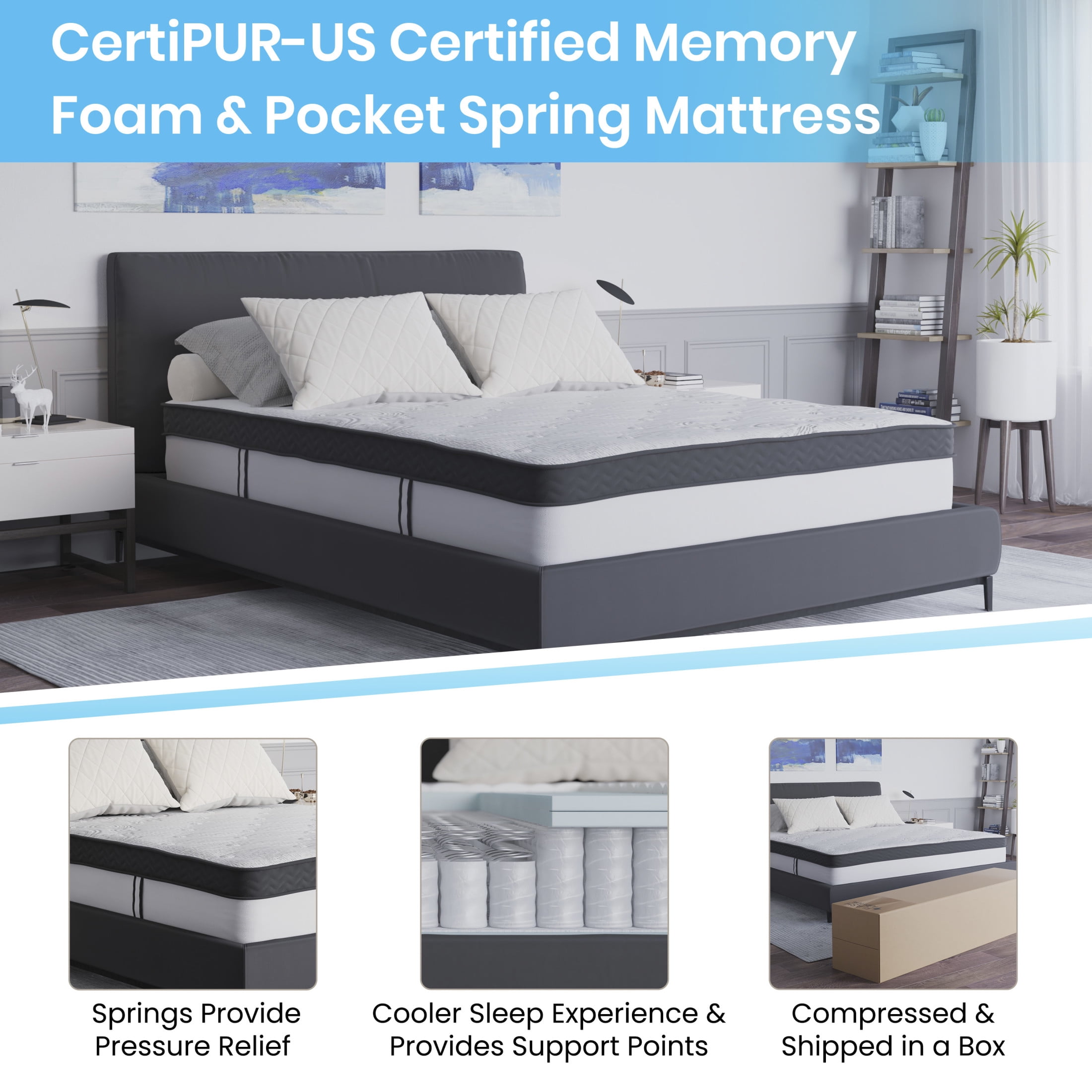 Merrick Lane Hybrid Mattress with Pocket Spring and Memory Foam (Queen, 60 in x 80 in x 12 in) 3k7i1