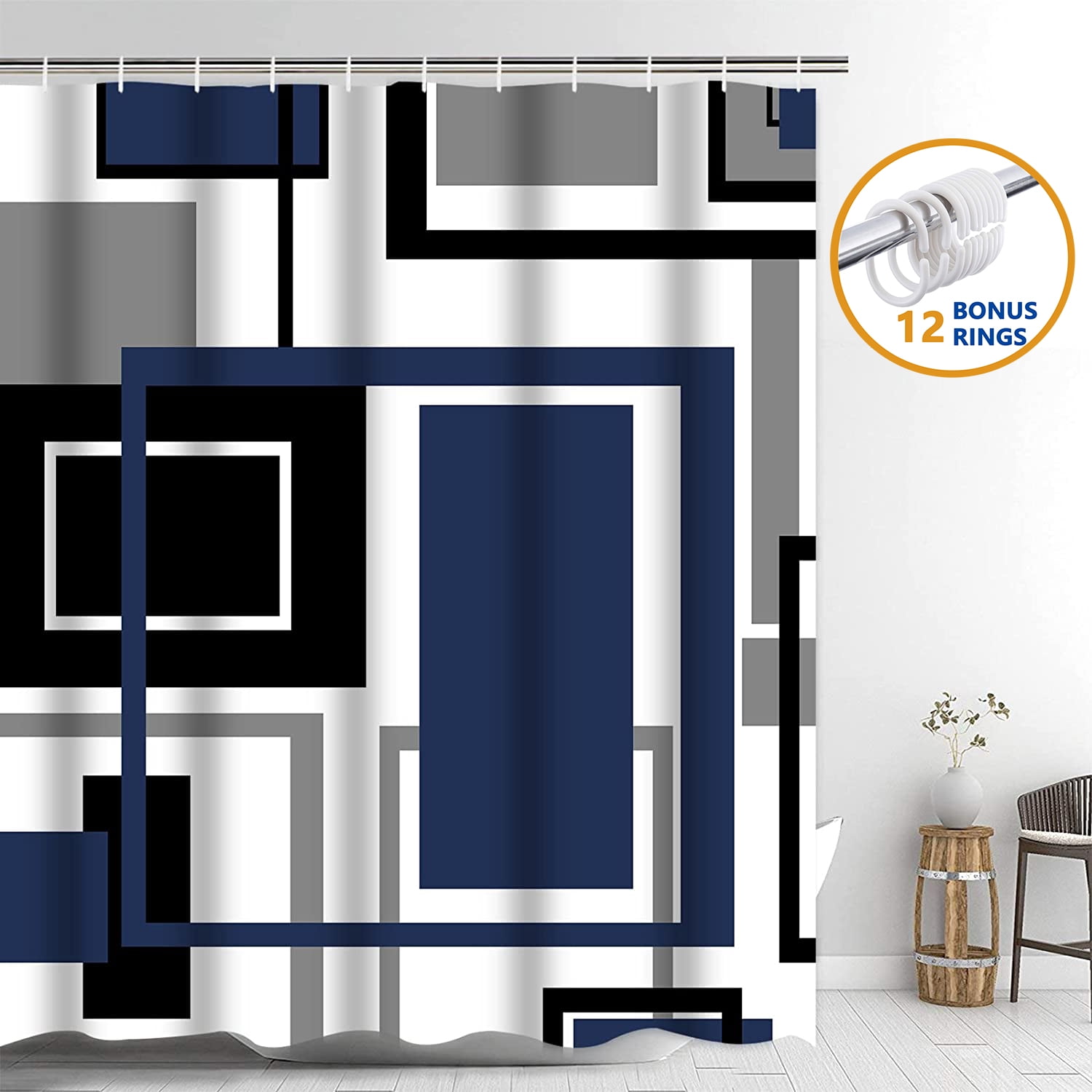 FRAMICS Geometric Shower Curtain Set with Rugs and Hooks (Blue, 16 Piece Set) a301f - Image 9
