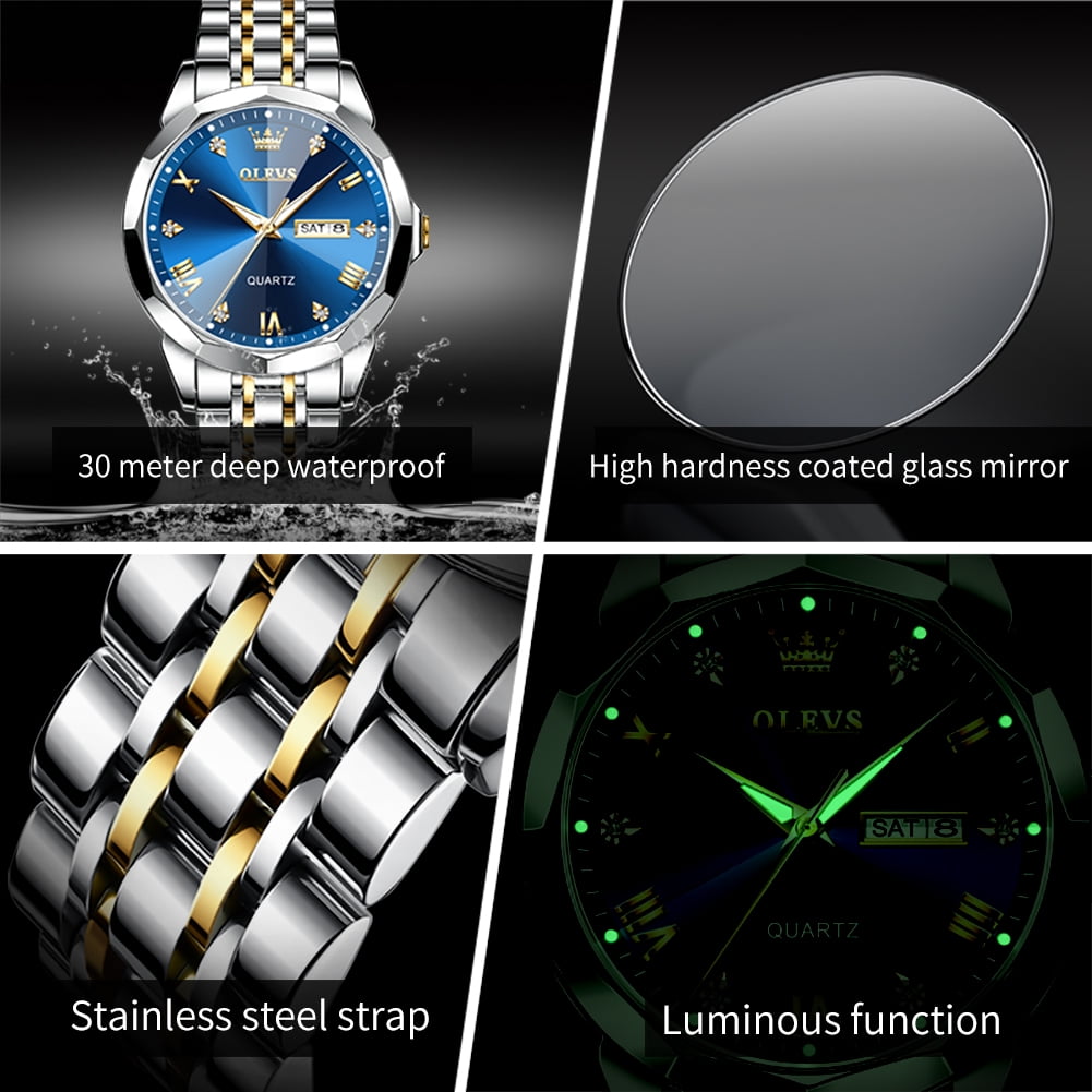 OLEVS Men's Diamond Analog Quartz Dress Watch Stainless Steel Waterproof Business Wristwatch (Blue, 1.6 in) fduvn