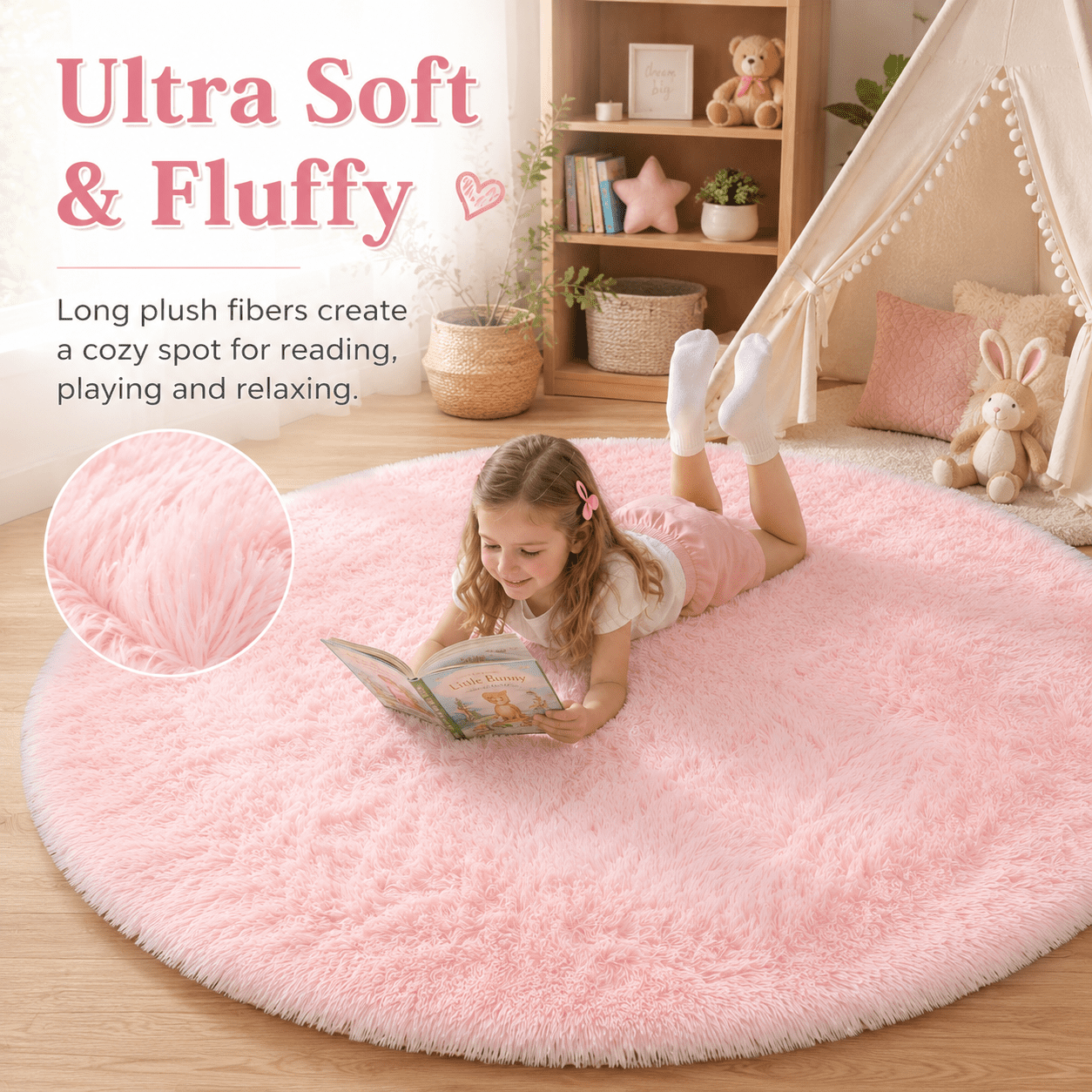 SANMADROLA Super Soft Fluffy Area Rug, Shaggy Plush Carpet for Bedroom and Nursery (Pink, 4x4 ft) dxo00
