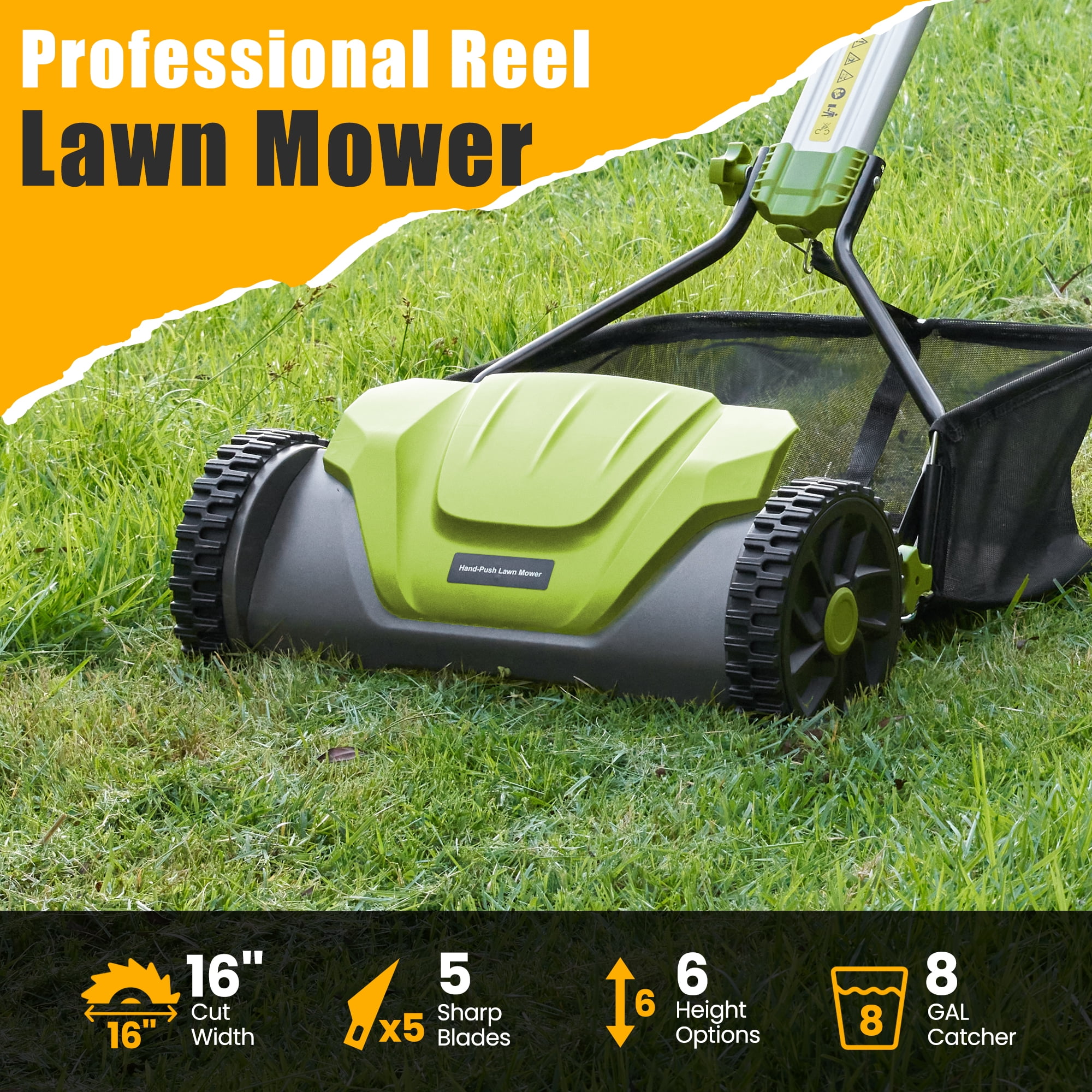 Naipo Manual Push Reel Lawn Mower, 16-in Cutting Width, 5-Blade System, 6 Adjustable Heights, Includes 8-Gallon Grass Catcher (Green) 9na7t