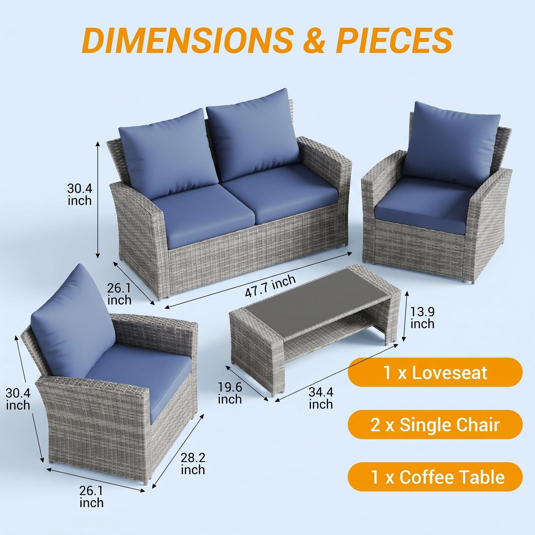 UDPATIO 4-Piece Wicker Patio Furniture Set, Outdoor Conversation Set with Loveseat, 2 Chairs and Glass Coffee Table (Blue, 4-Piece) iwfuv