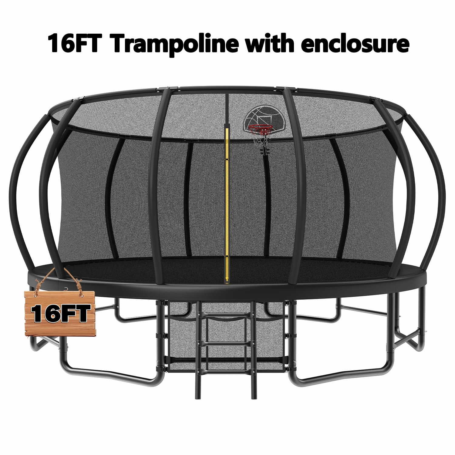 Leumius 16 ft Outdoor Recreational Trampoline with Safety Enclosure, Ladder, and Basketball Hoop (Black, 16 ft) j4kjx