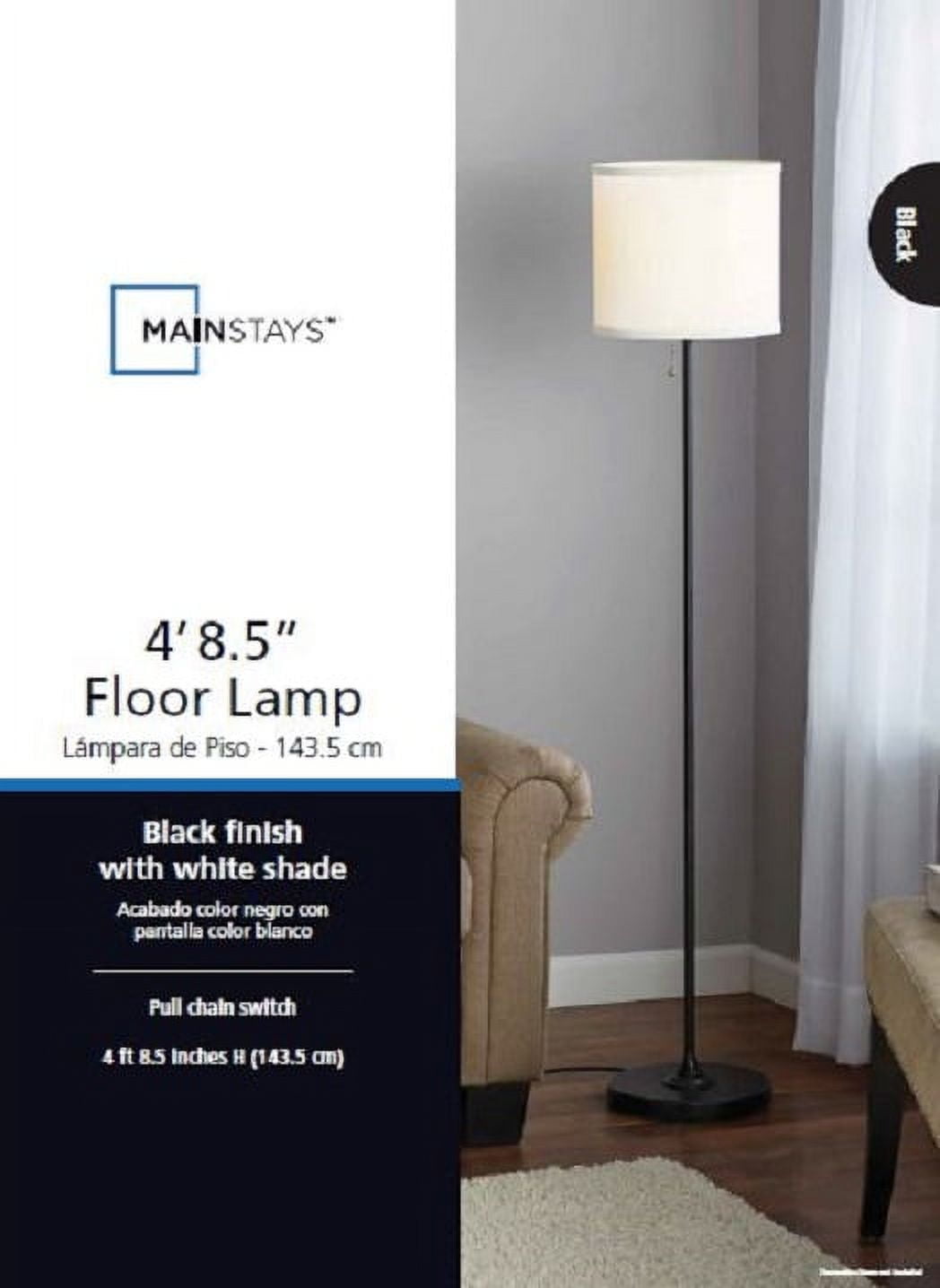 Mainstays Classic Shaded Floor Lamp with White Fabric Shade (Black, 56.5 in) 9s9qs