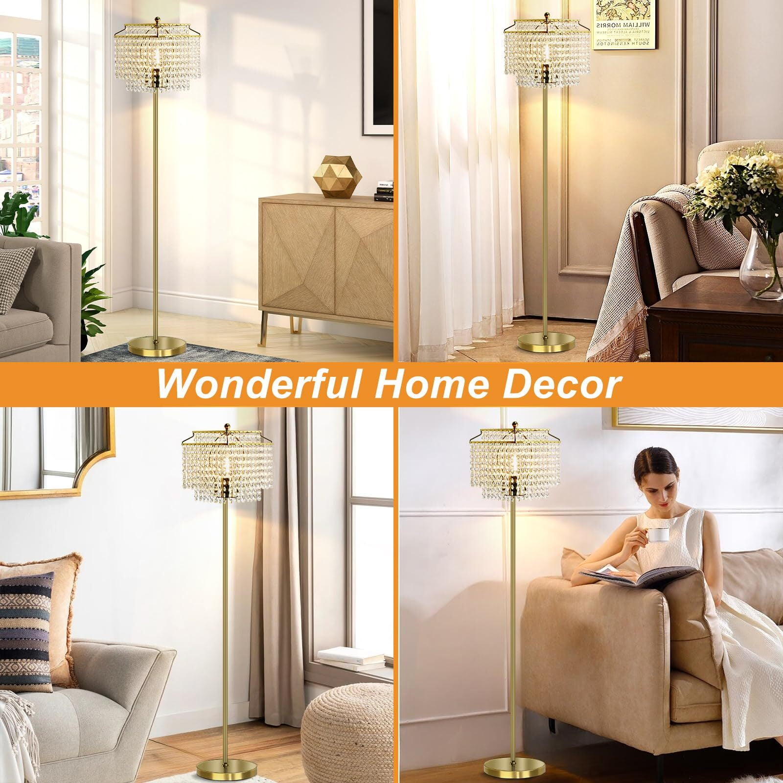 NATYSWAN Gold Crystal Floor Lamp, Modern Standing Light with Double-Layer Shade and Foot Switch (Gold, 62 in) 9z4rp