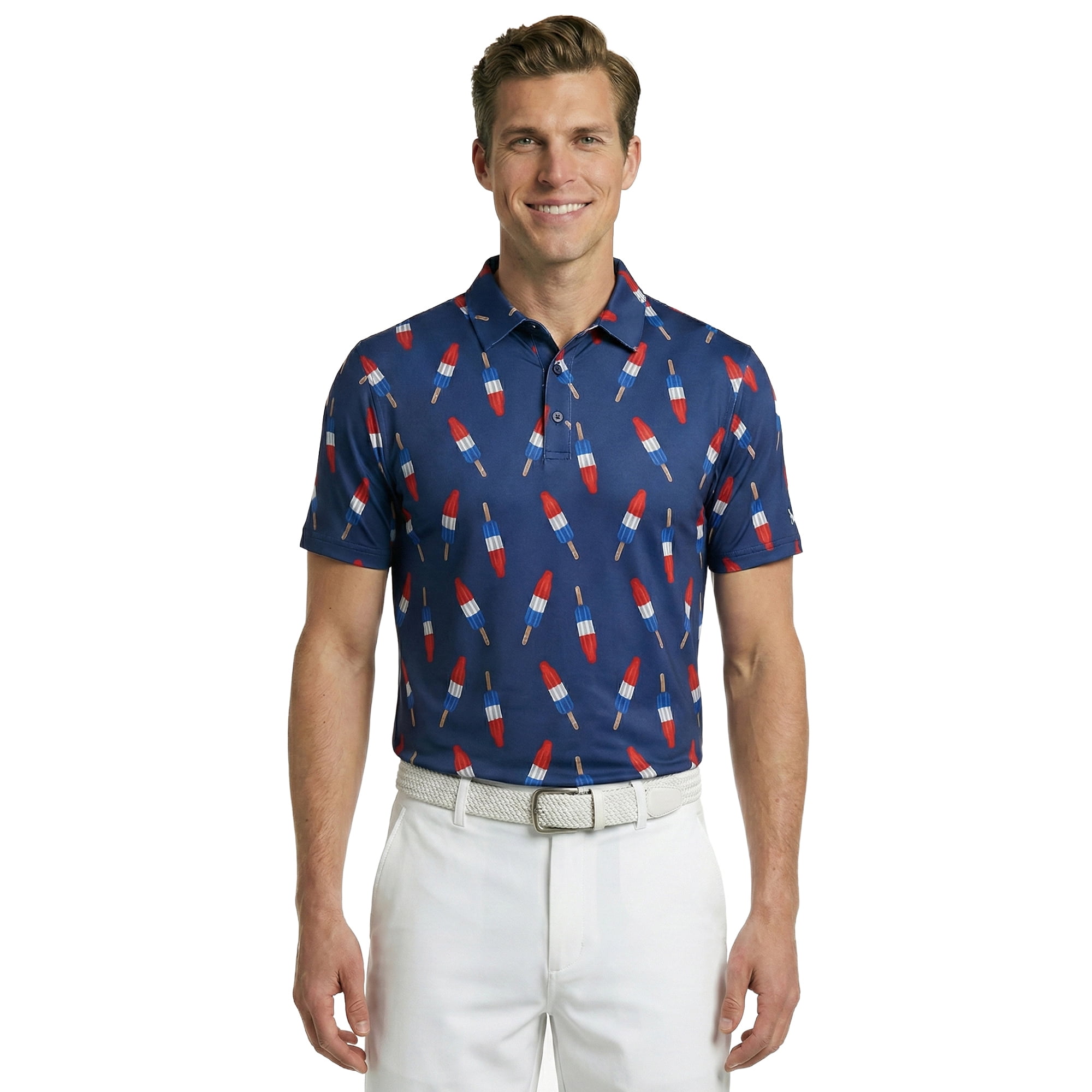 Birdie Bound Men's Firecracker Popsicle Print Golf Polo Shirt (Blue, XS-4XLT) x6pm6