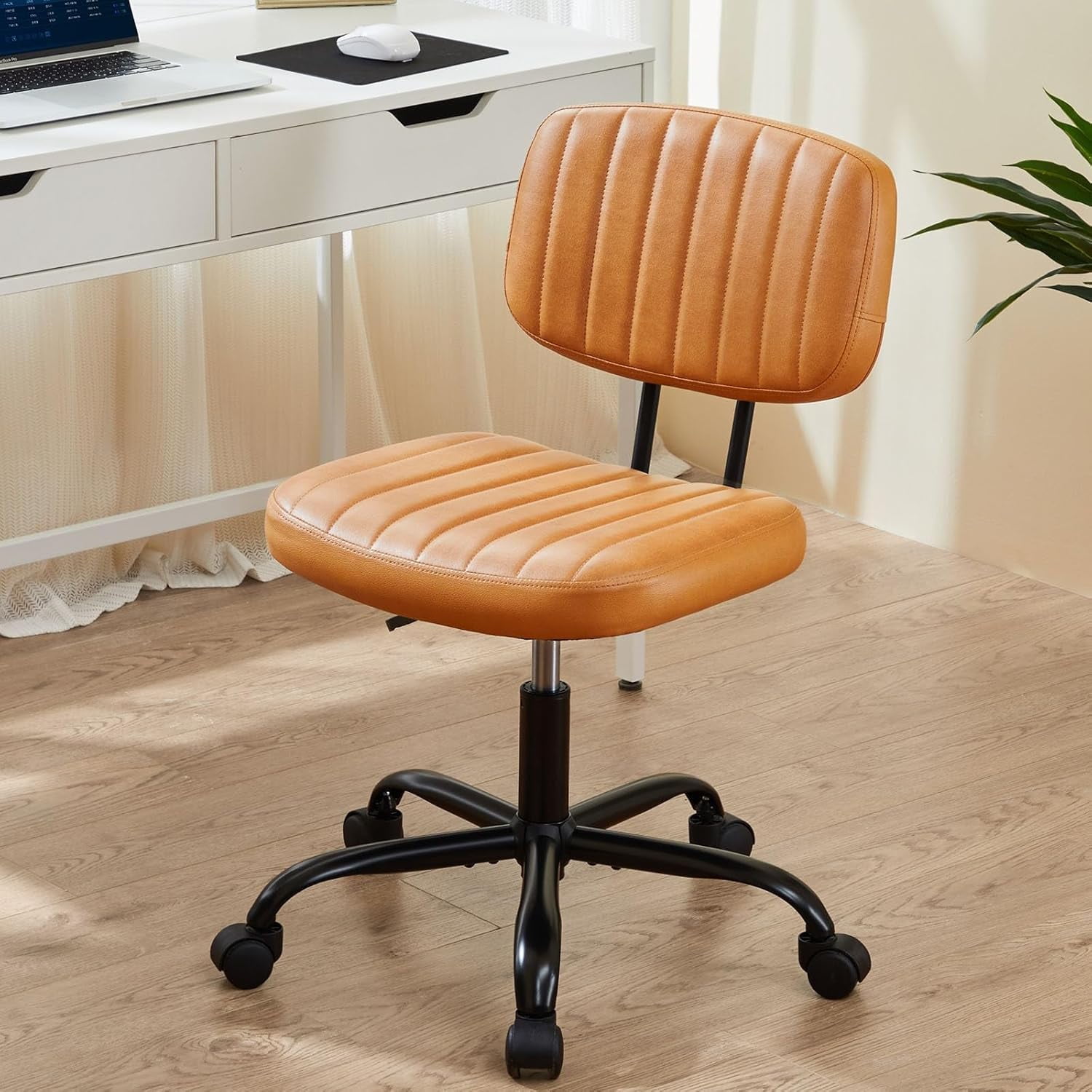 TINKLE WELL Ergonomic Armless Office Task Chair, Rolling Vanity Desk Chair with Swivel and Adjustable Height (Brown, 24.21 in x 16.33 in x 34.25 in) s16vc