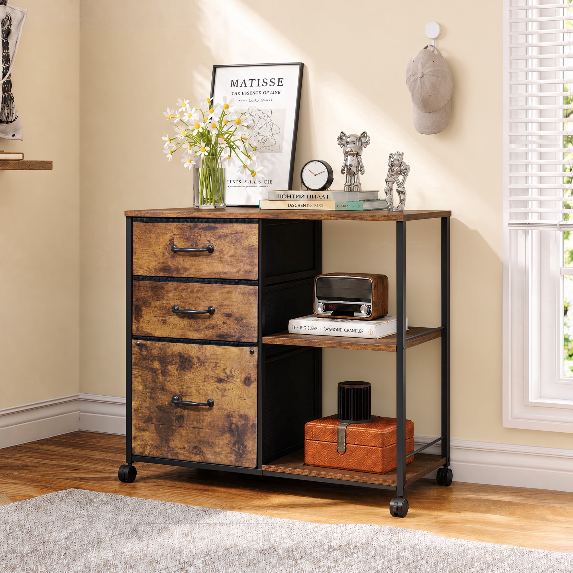 GALAXHERO 3-Drawer Rolling File Cabinet, Mobile Printer Stand with Side Storage, Rustic Brown Wood Grain (Fits Letter/A4) zs2sv