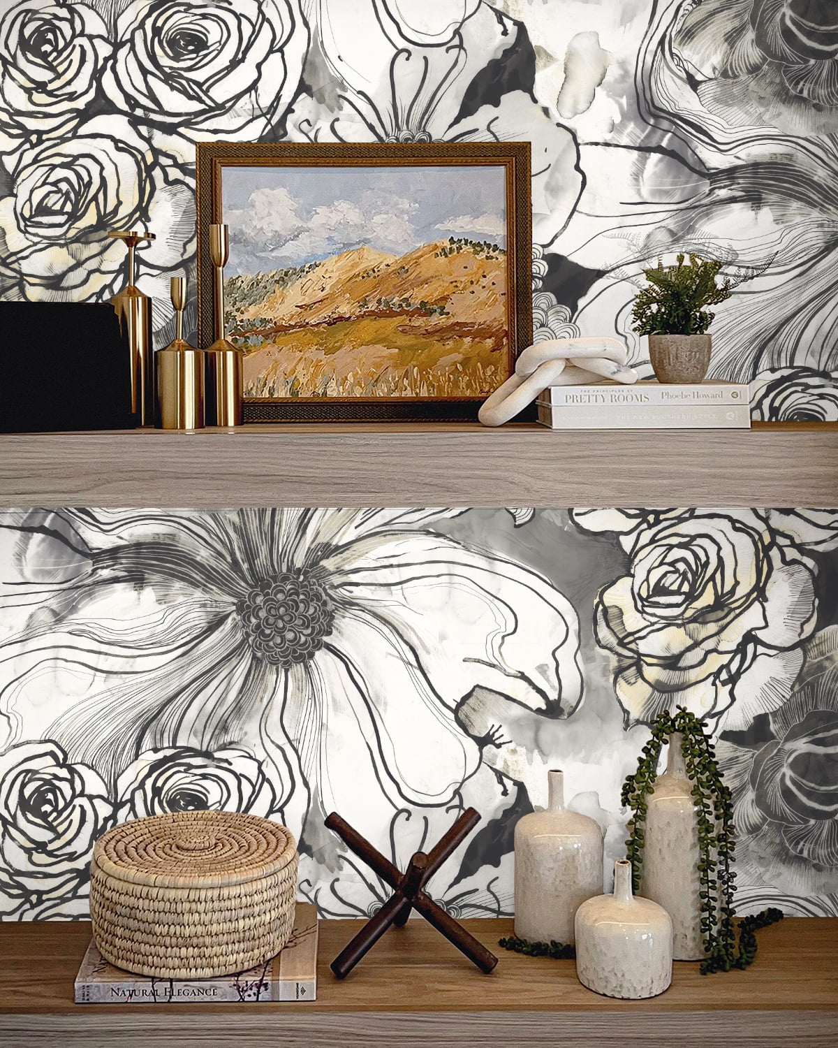 Harry & Grace Peel and Stick Wallpaper Floral Ink Rose Removable Wall Decor (Onyx, 20.5 in. W x 18 ft. L) w6ag1