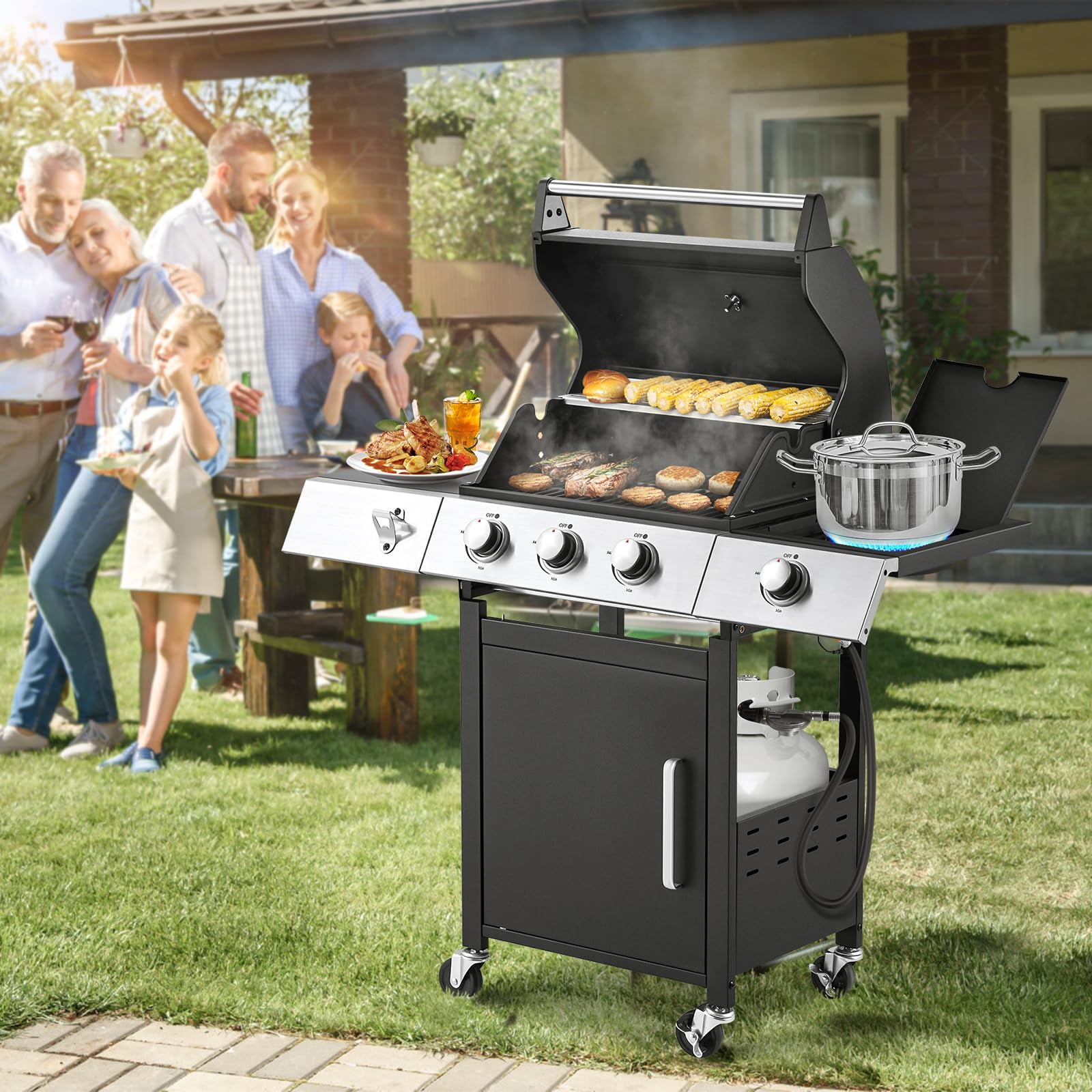 MELLCOM 3-Burner Propane Gas Grill with Side Stove and Cast Iron Grates (Black, 43.3 in x 18.9 in x 43.3 in) aifg2