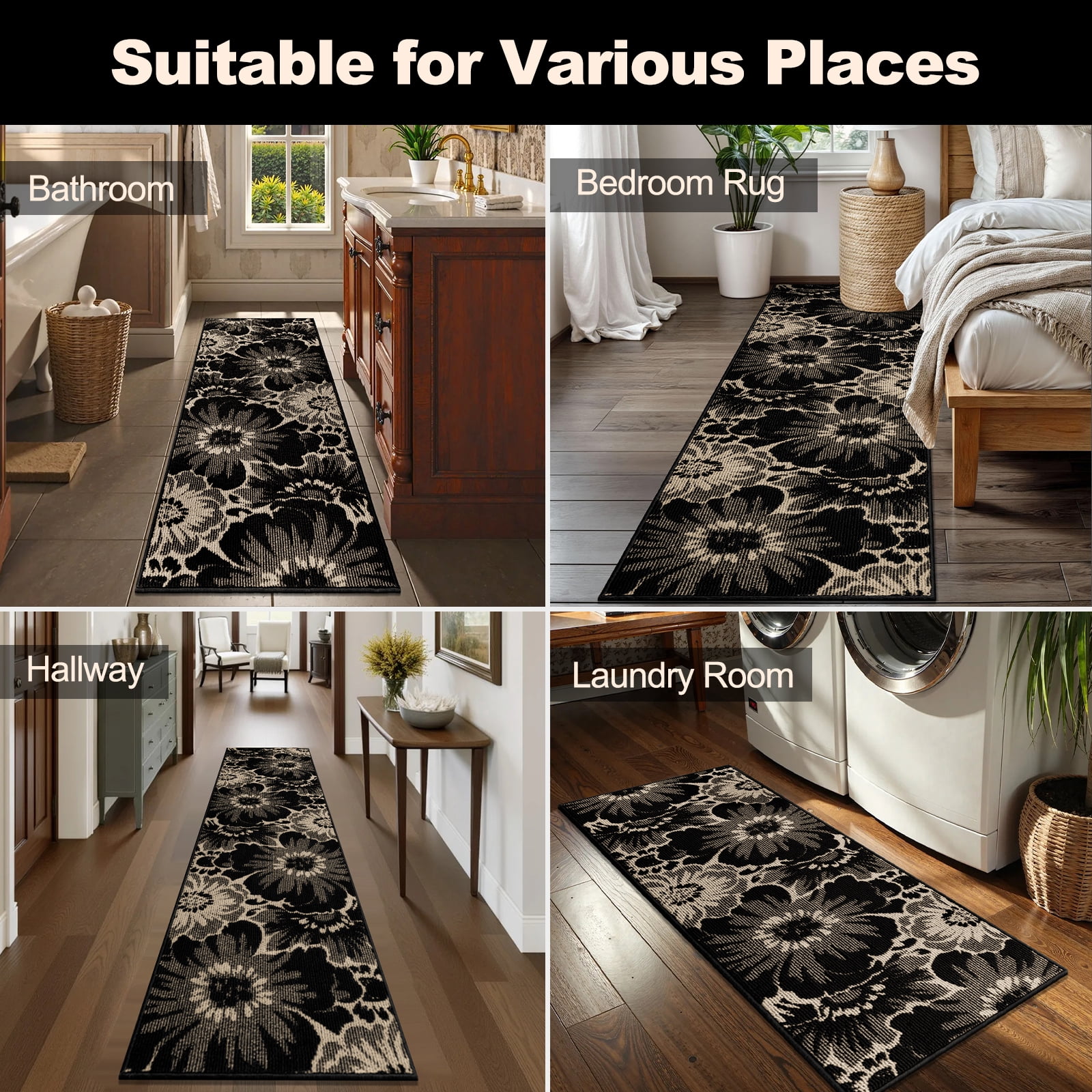 Findosom Non-slip Runner Rug for Hallway, Machine Washable Low Pile Floor Mat with Rubber Backing (Black, 24 in x 60 in) de0b1