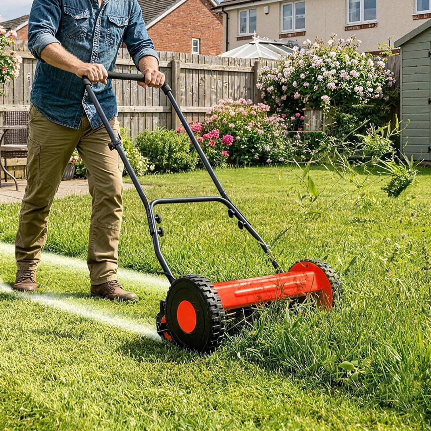 Lumiparty 14 in 5-Blade Manual Push Reel Lawn Mower, Adjustable Height Grass Cutter (Red, 14 in) yfq7w