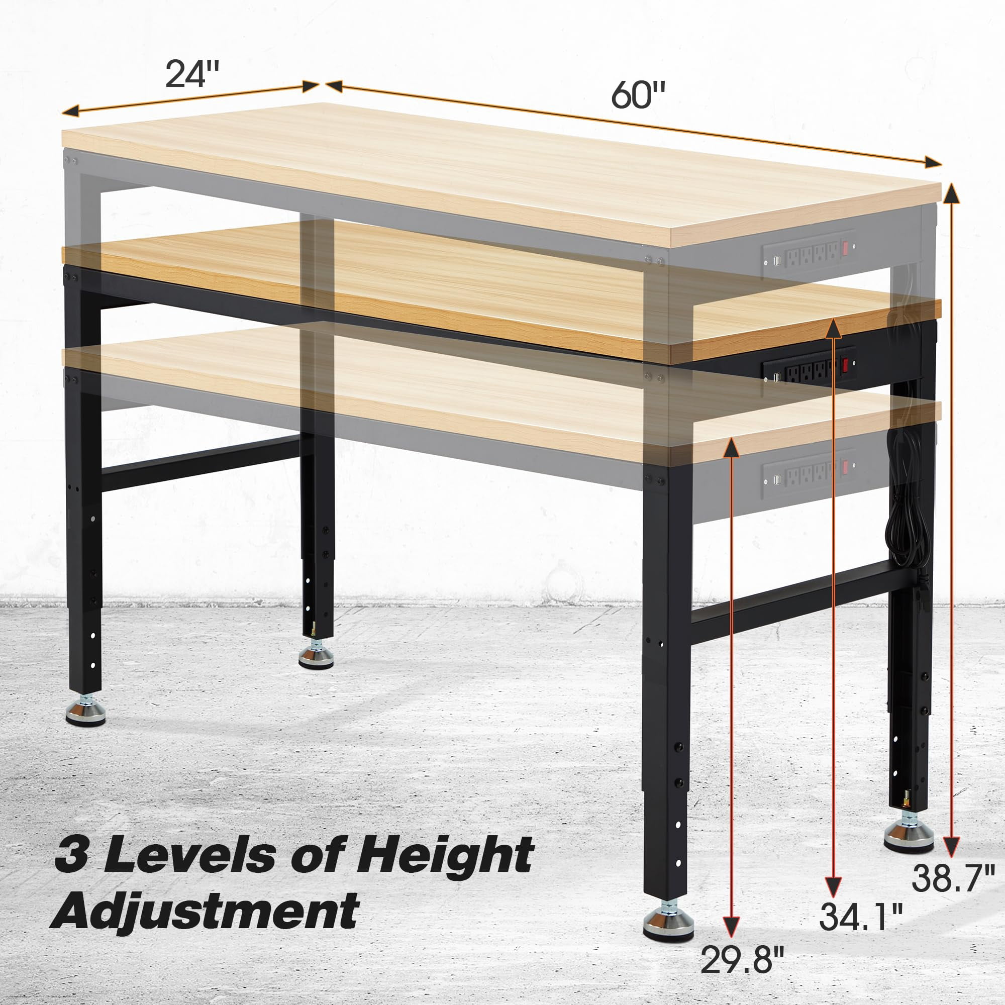 AHB Heavy Duty Adjustable Wood Workbench, Ergonomic Height-Adjustable Work Table with Steel Frame (Brown, 60 in x 24 in) 7z8x2