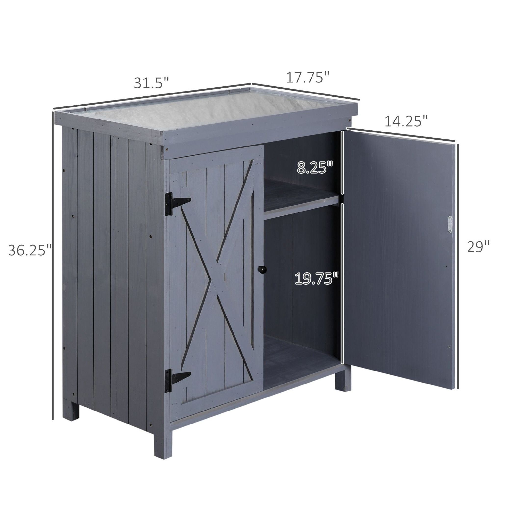 DyGTyX Patio Storage Cabinet, Outdoor Tool Shed with Galvanized Steel Top, Weather-Resistant Fir Wood, Double Door (Grey, 31.5 in W x 17.75 in D x 36.25 in H) 3adna
