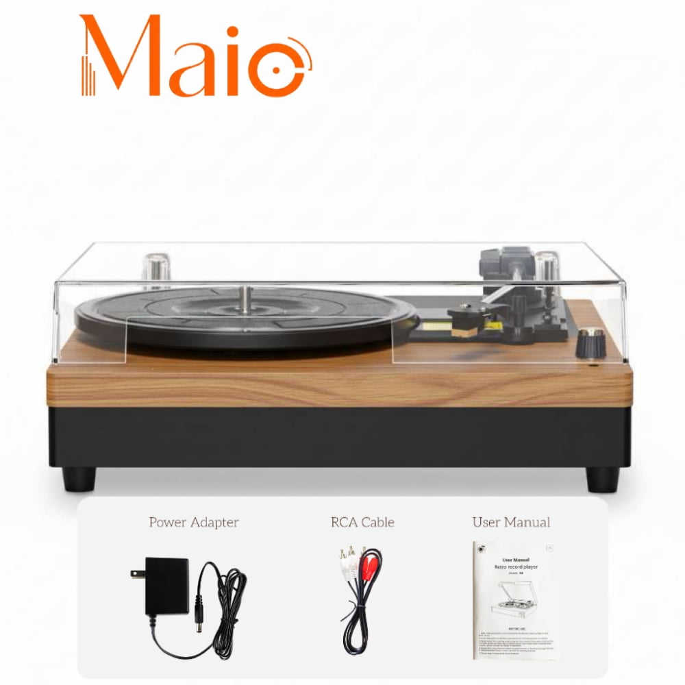 MAIO E200 Vintage Record Player, 3-Speed Belt-Driven Turntable with Built-in Stereo Speakers, Bluetooth Connectivity (Wood, 13.8 in x 10.2 in x 4.7 in) 5o7wg