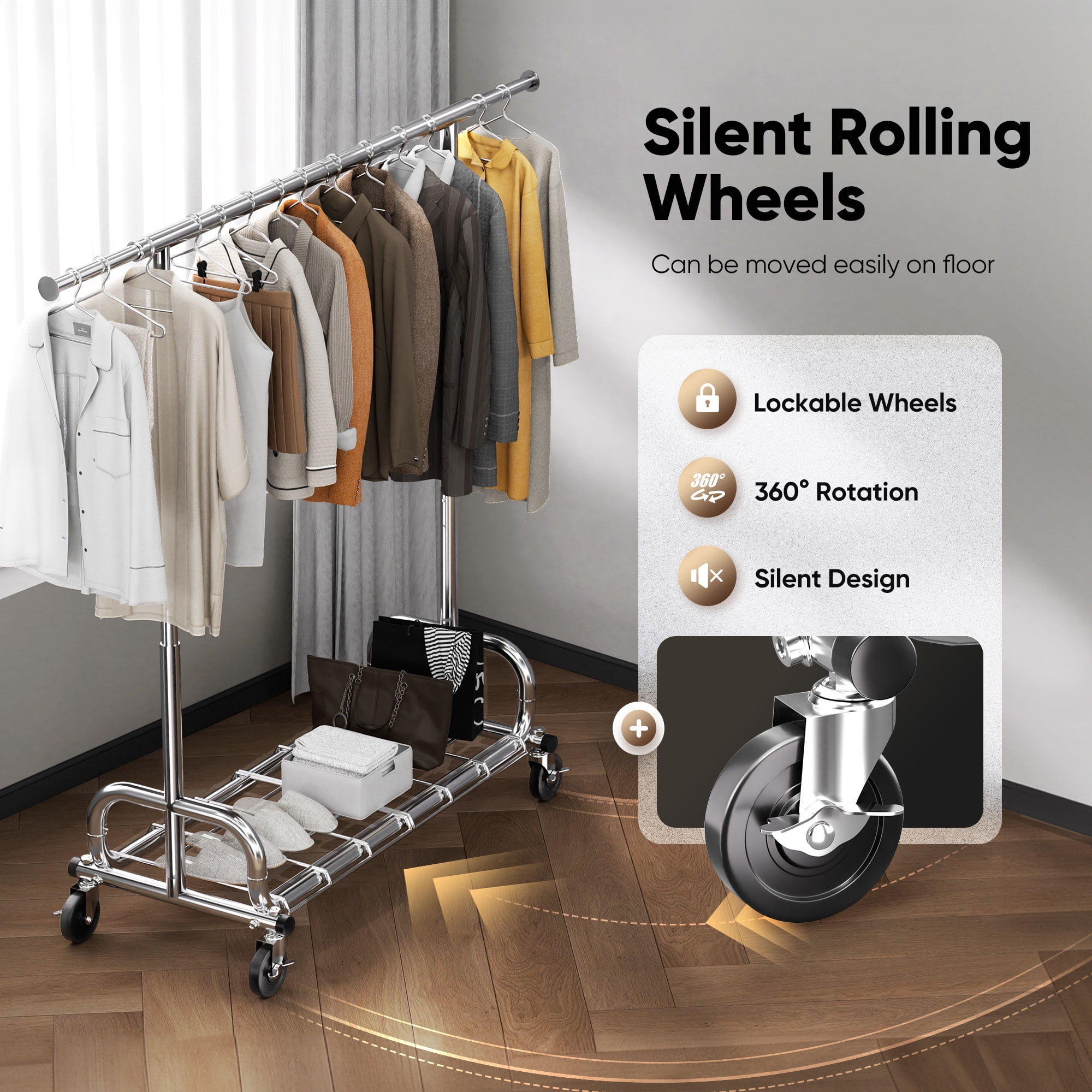 HOKEEPER Heavy Duty Rolling Garment Rack with Zippered Dust Cover (Silver, 450 lb Capacity) 7e30i