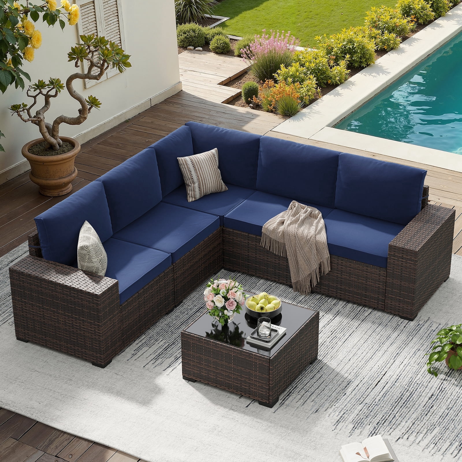 STARY 6-Piece Outdoor Sectional Sofa Set with Wide Armrests, PE Rattan Patio Conversation Furniture (Blue, 6-Piece Set) qf0g7