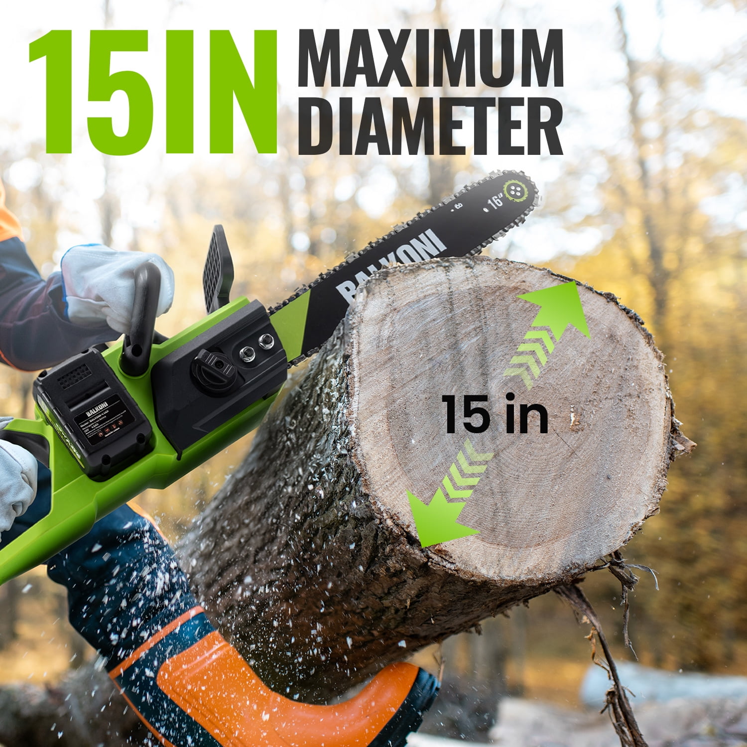 BALKONI 16 Inch Cordless Brushless Electric Chainsaw, High-Speed Motor with 2 Batteries (Green, 16 in) s7dwx