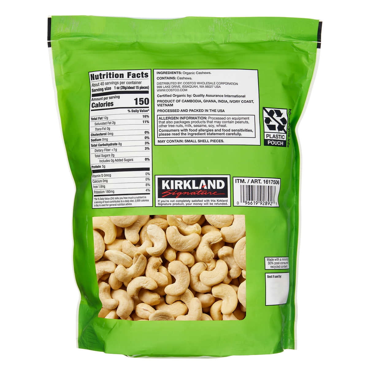 Kirkland Signature Organic Whole Cashews, Unsalted and Unroasted Premium Nuts (40 oz) 8xu9y