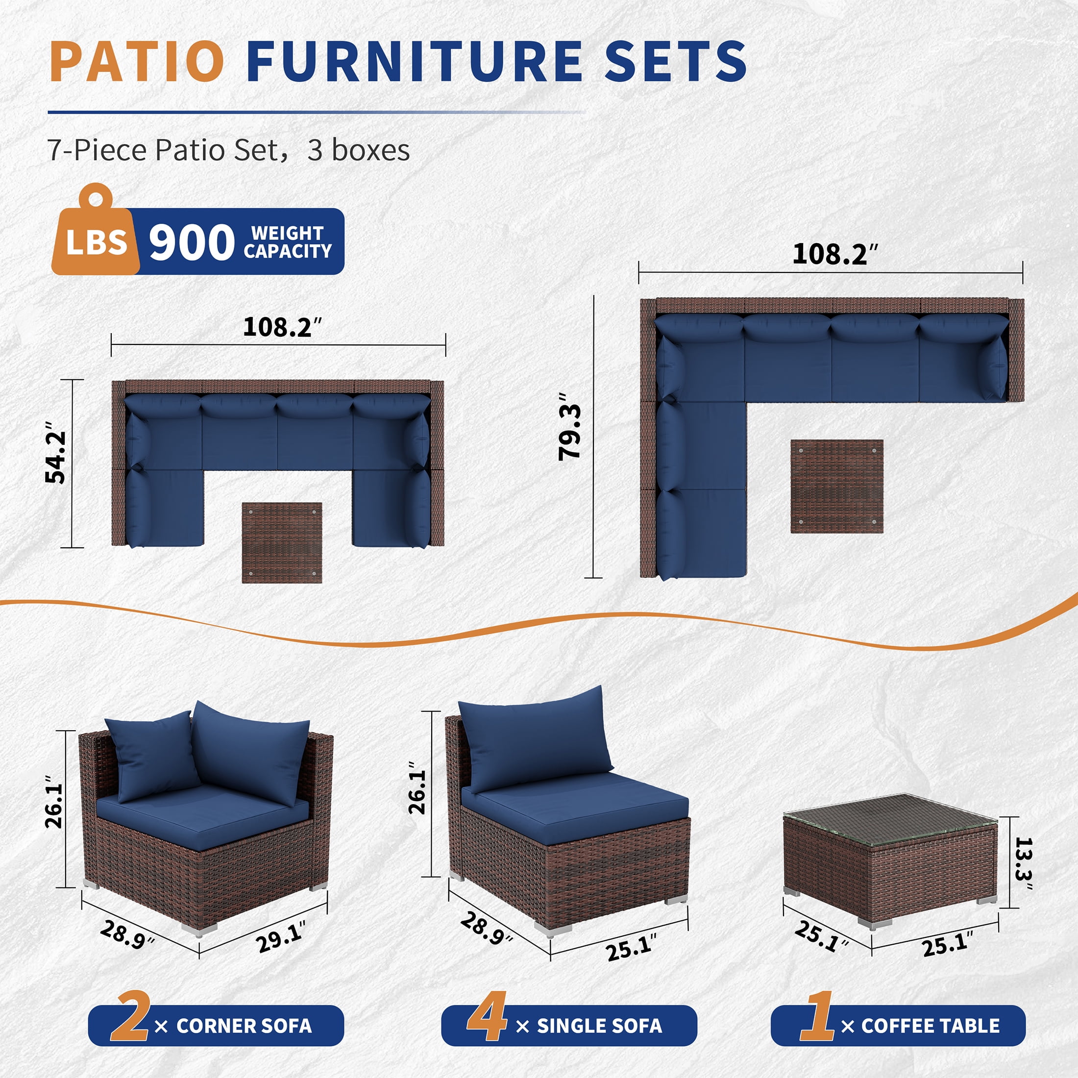 UDPATIO 7-Piece Wicker Modular Sectional Outdoor Conversation Set with Glass Coffee Table (Blue) 9nbg0 - Image 8