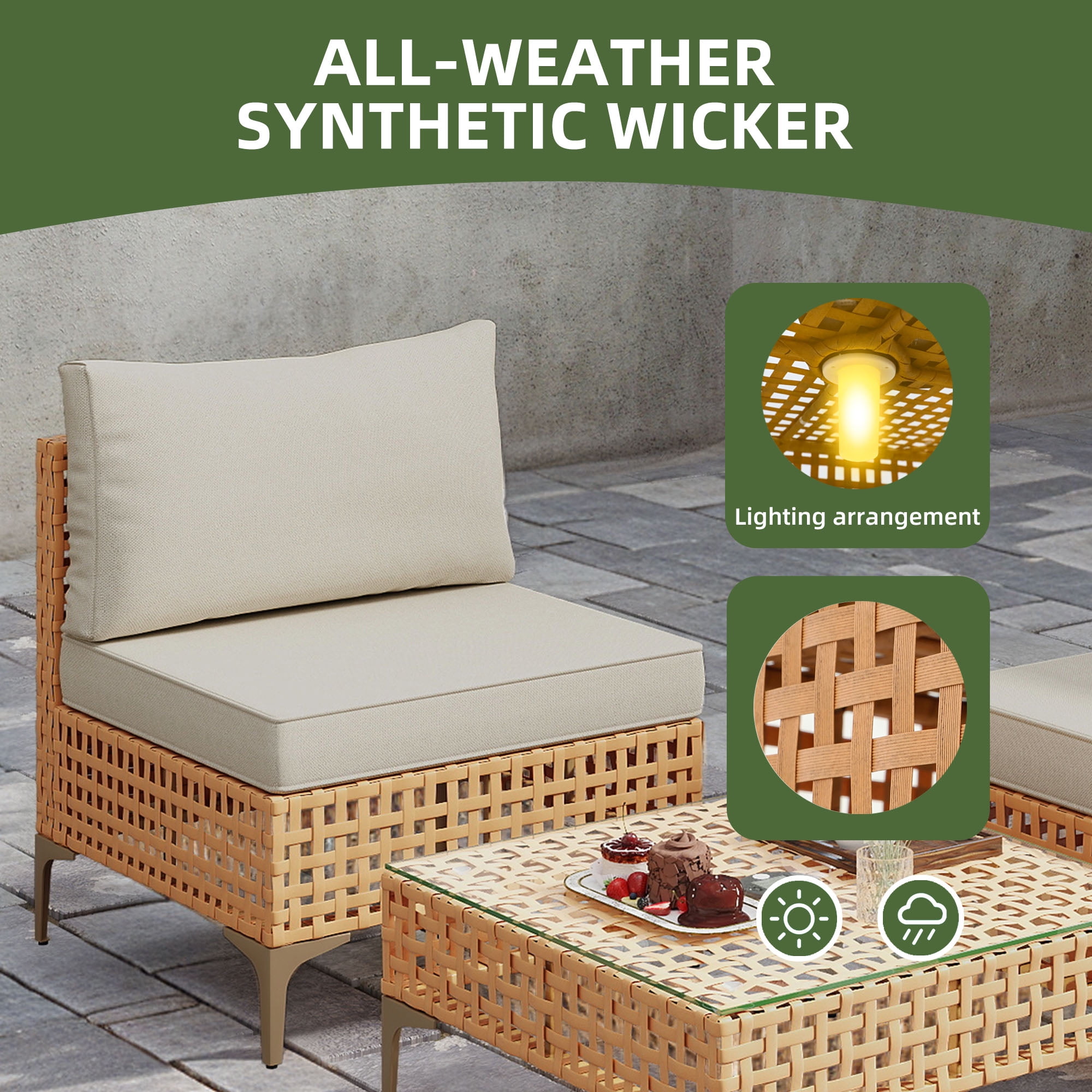 Uforic 3-Piece Outdoor Patio Furniture Set, Rattan Wicker Conversation Bistro Set with Solar LED Coffee Table (Beige, 3 Pieces) e8a6s