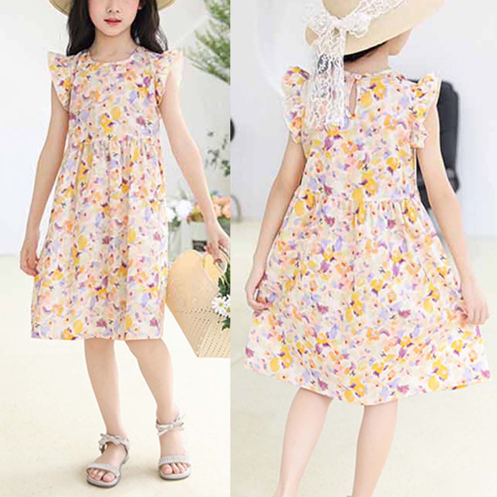 HAOTAGS Girls Summer Dress Flutter Sleeve Graphic Print Casual Playwear (Yellow, 4-5 Years) hz4vf