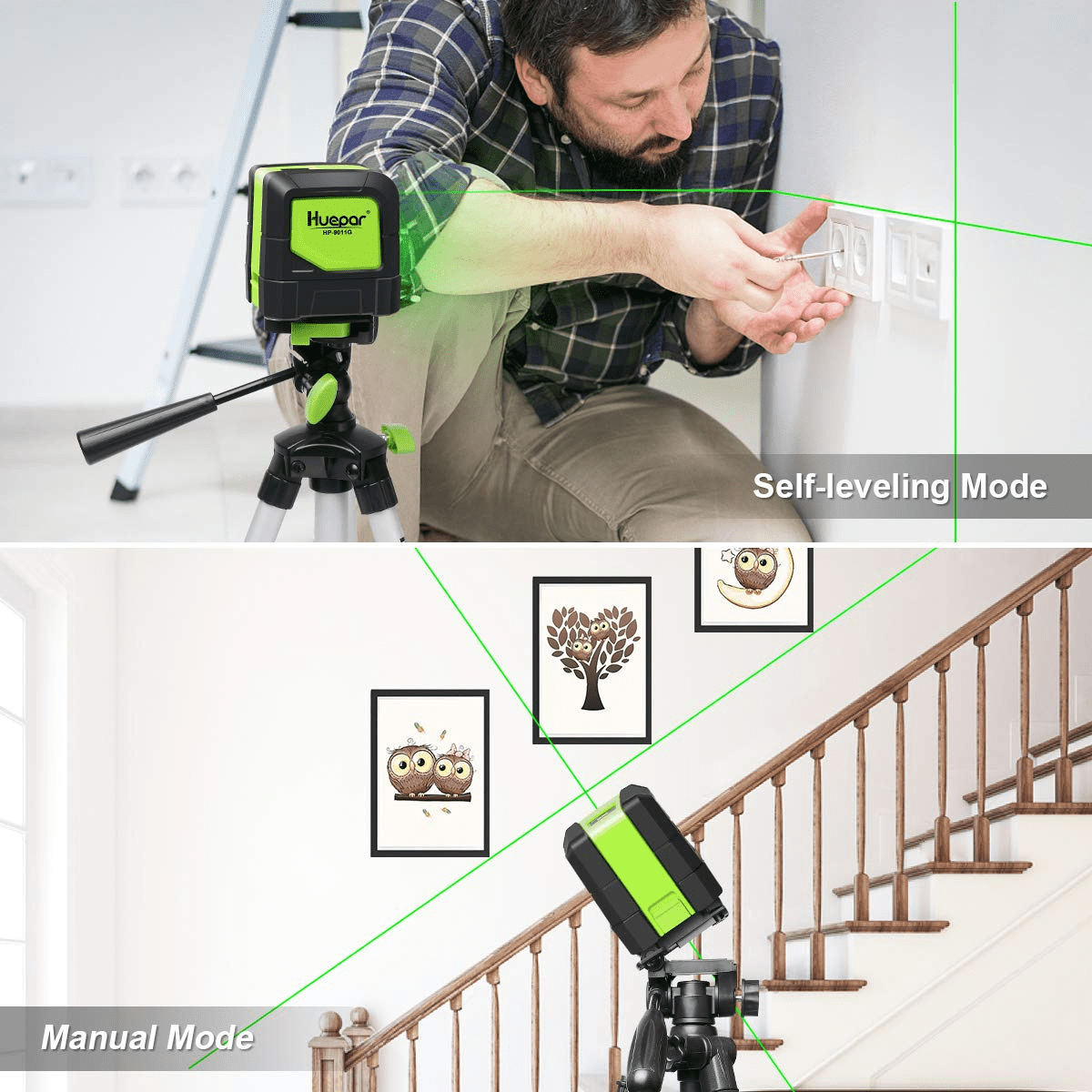 Huepar Cross Line Laser Level Green Beam Self-Leveling Tool with 360° Magnetic Pivoting Base (Green, 85 ft) knfpp
