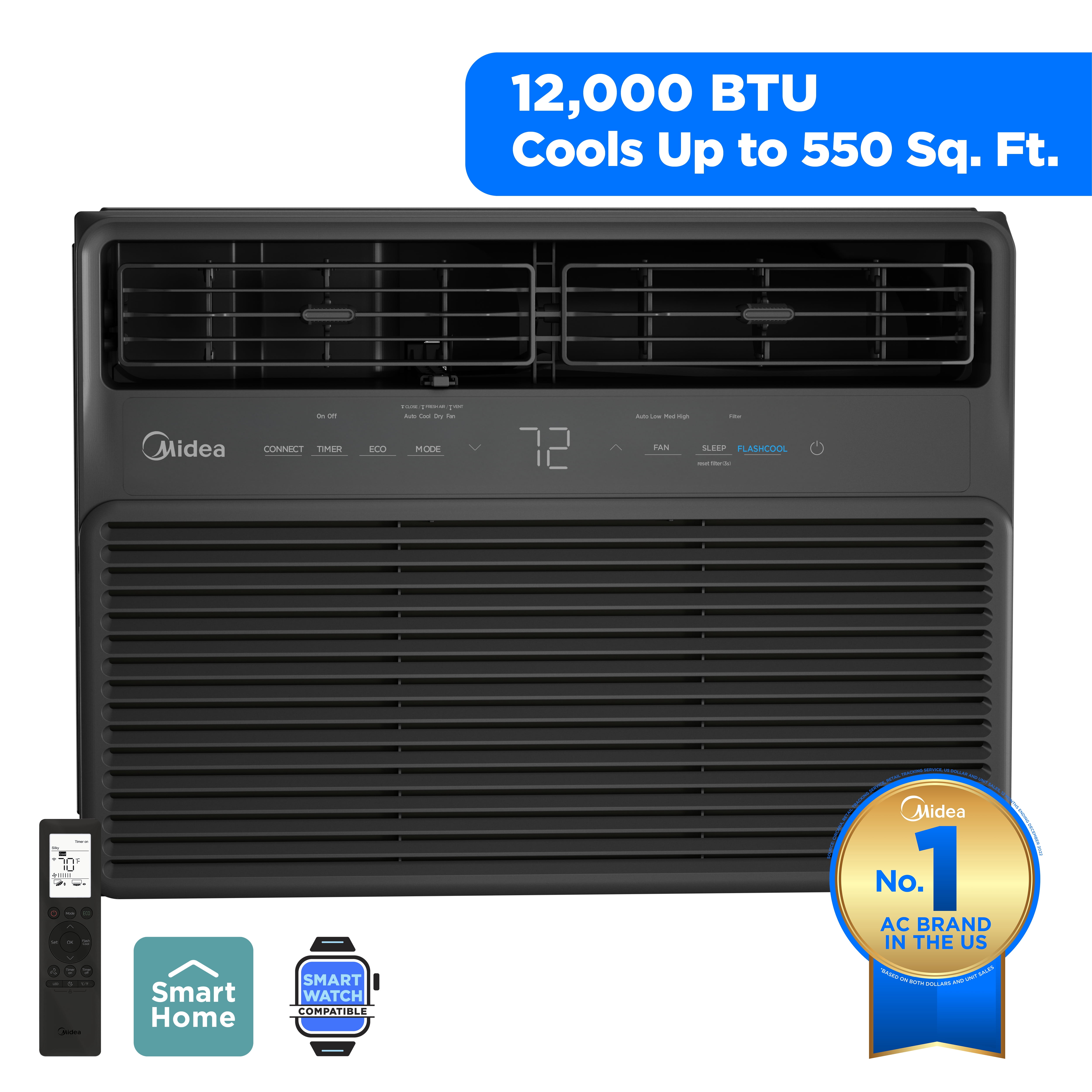 Midea 12,000 BTU Smart Inverter Window Air Conditioner, Quiet Cooling for Rooms Up to 550 sq ft, Wi-Fi Enabled (Black, 51 lb) 517cf