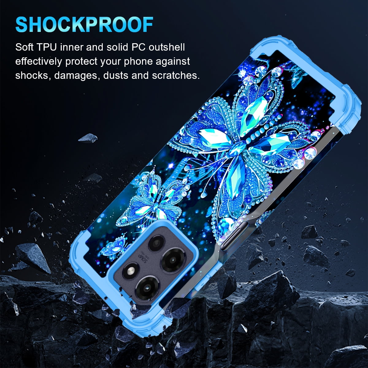 Casetego for Moto G Power 5G 2025 Case, Heavy Duty Shockproof Glow in the Dark Protective Cover (Black Blue Butterfly, 6.8 in) 19apo