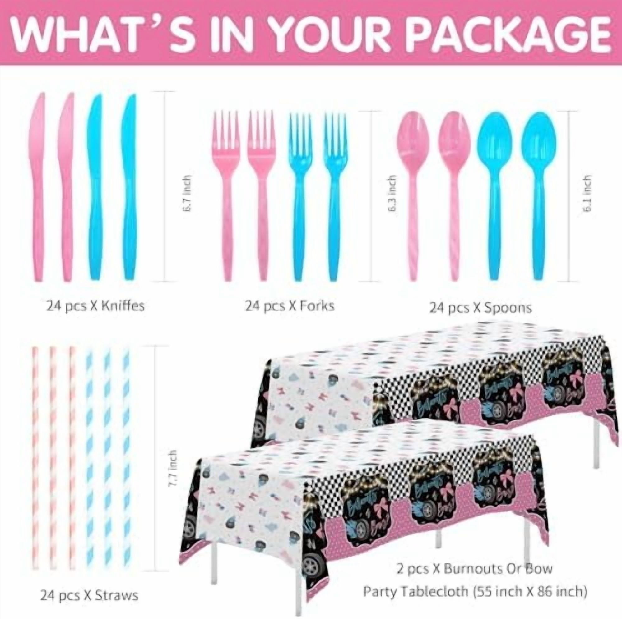 Burnouts or Bows Gender Reveal Party Supplies Set, Race Car vs Bows Baby Shower Tableware (Pink, Serves 24) cc7vy