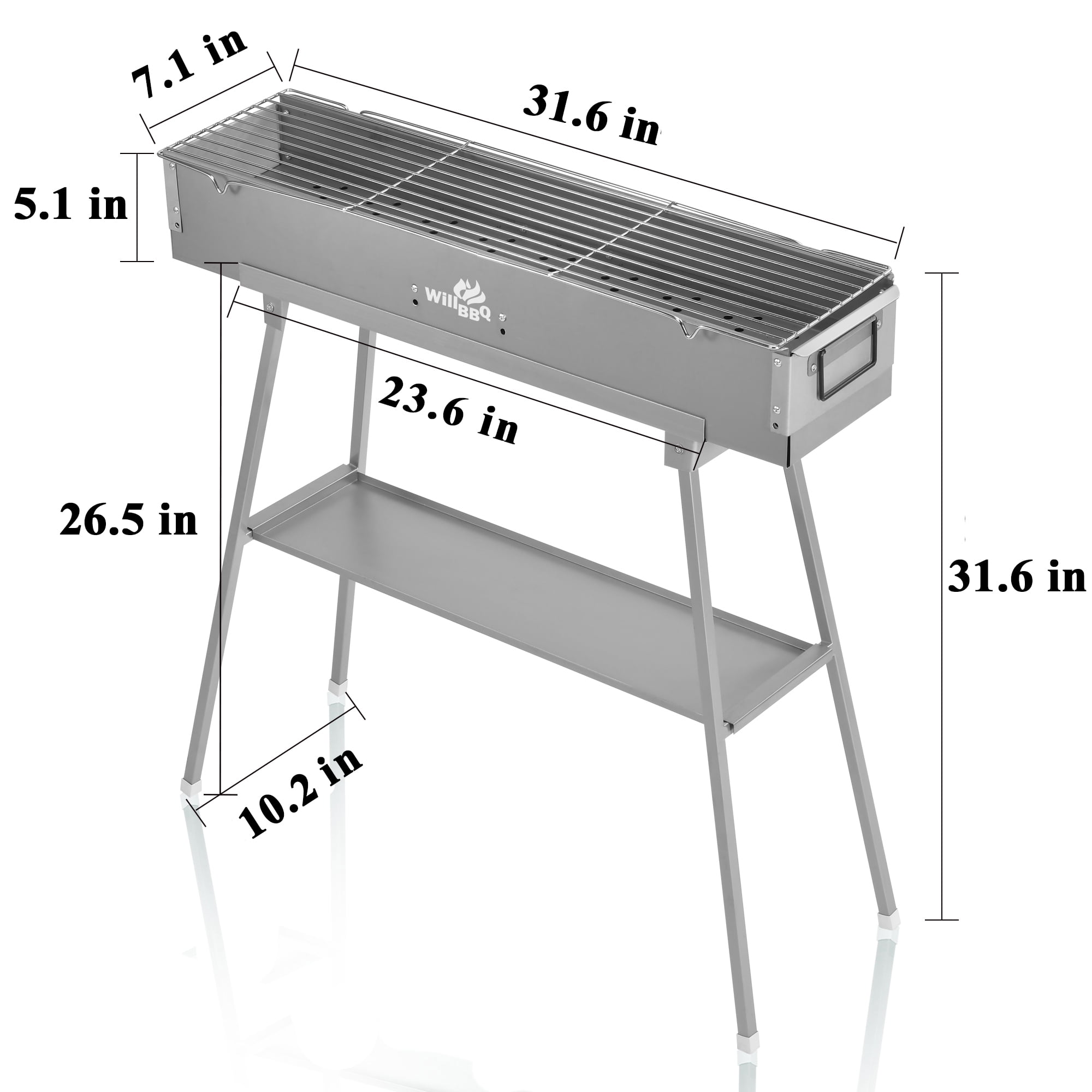 WILLBBQ Portable Charcoal Grill, Heavy-Duty Hibachi BBQ for Skewers and Outdoor Cooking (Black, 31.6x7.1x5.1 in) 8le97