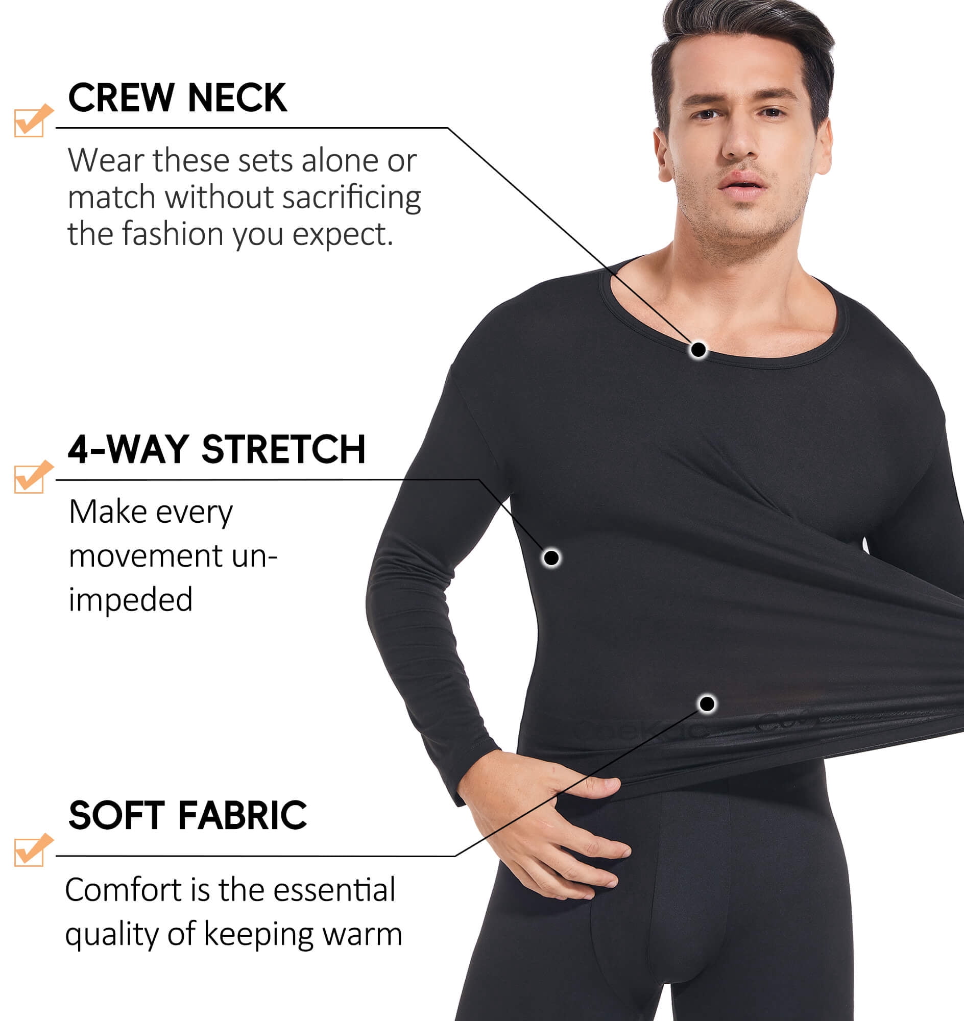 MANIFIQUE Men's Thermal Underwear Set Ultra Thin Long Johns Baselayer (Black, Large) oo9bk