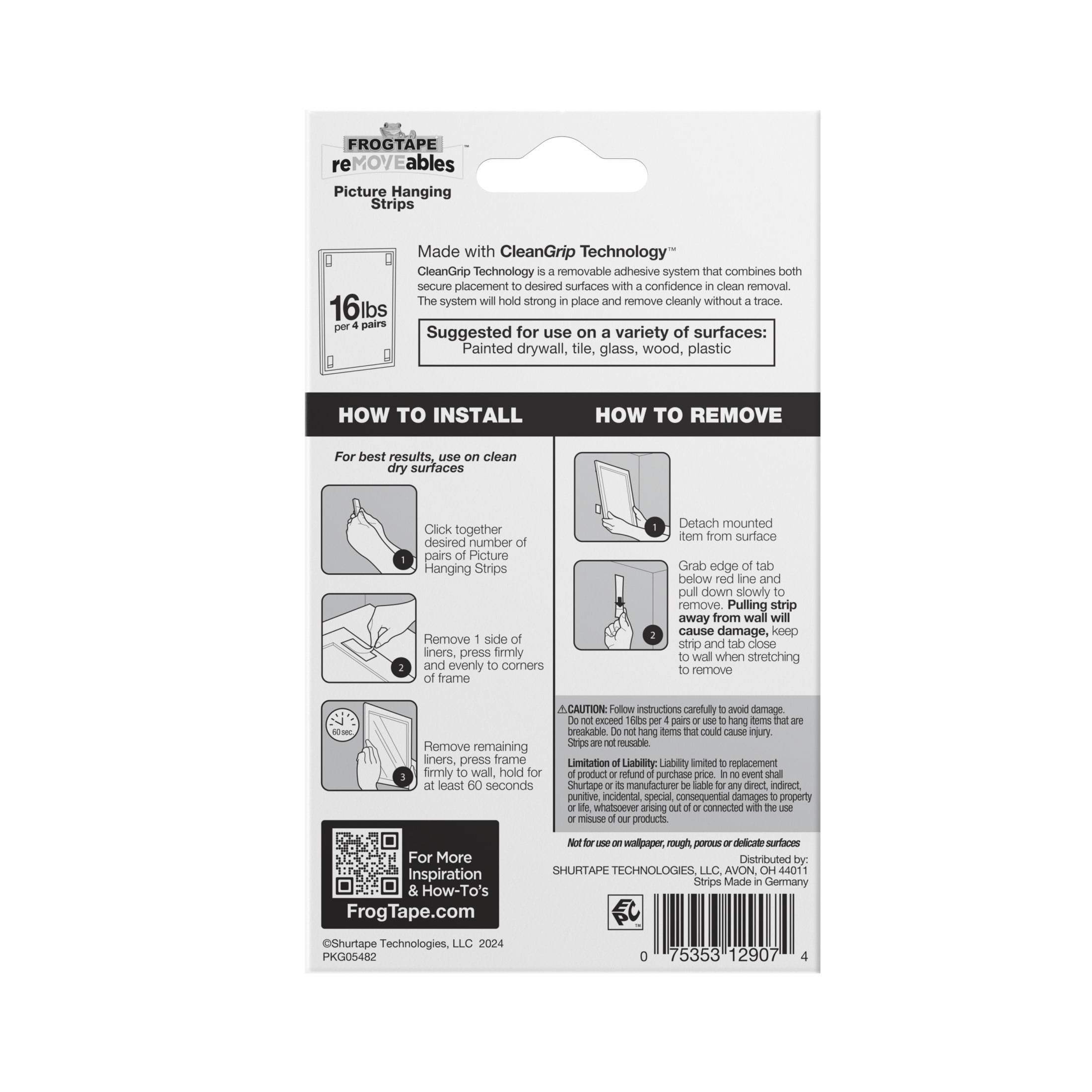 FrogTape reMOVEables Large Picture Hanging Strips (White, 12 Pairs) l6is2