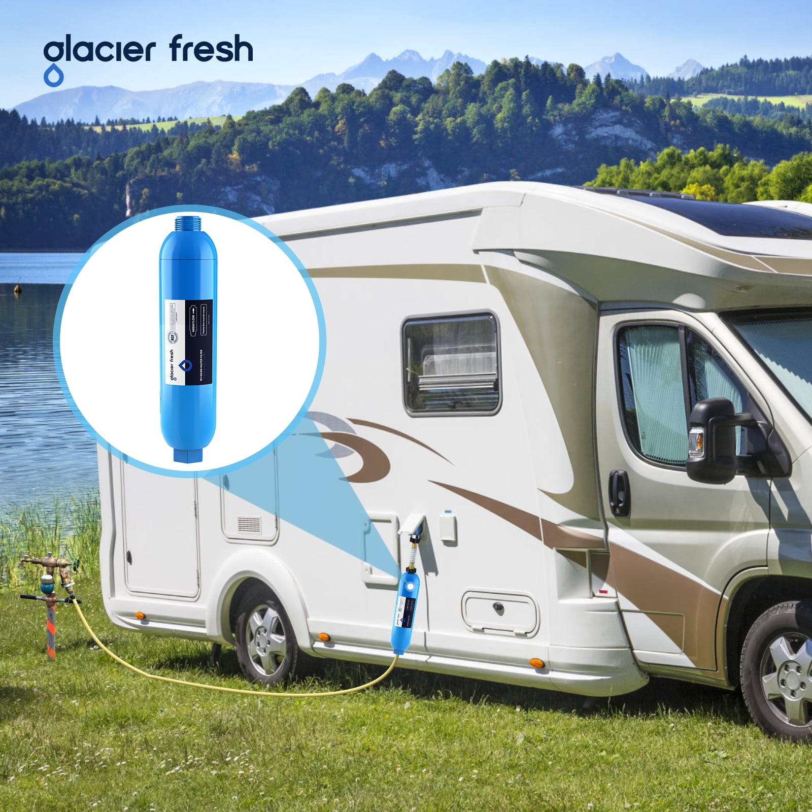 Glacier Fresh RV Marine Water Filter with Flexible Hose Protector, Chlorine and Sediment Reduction (2 Pack) yepxl