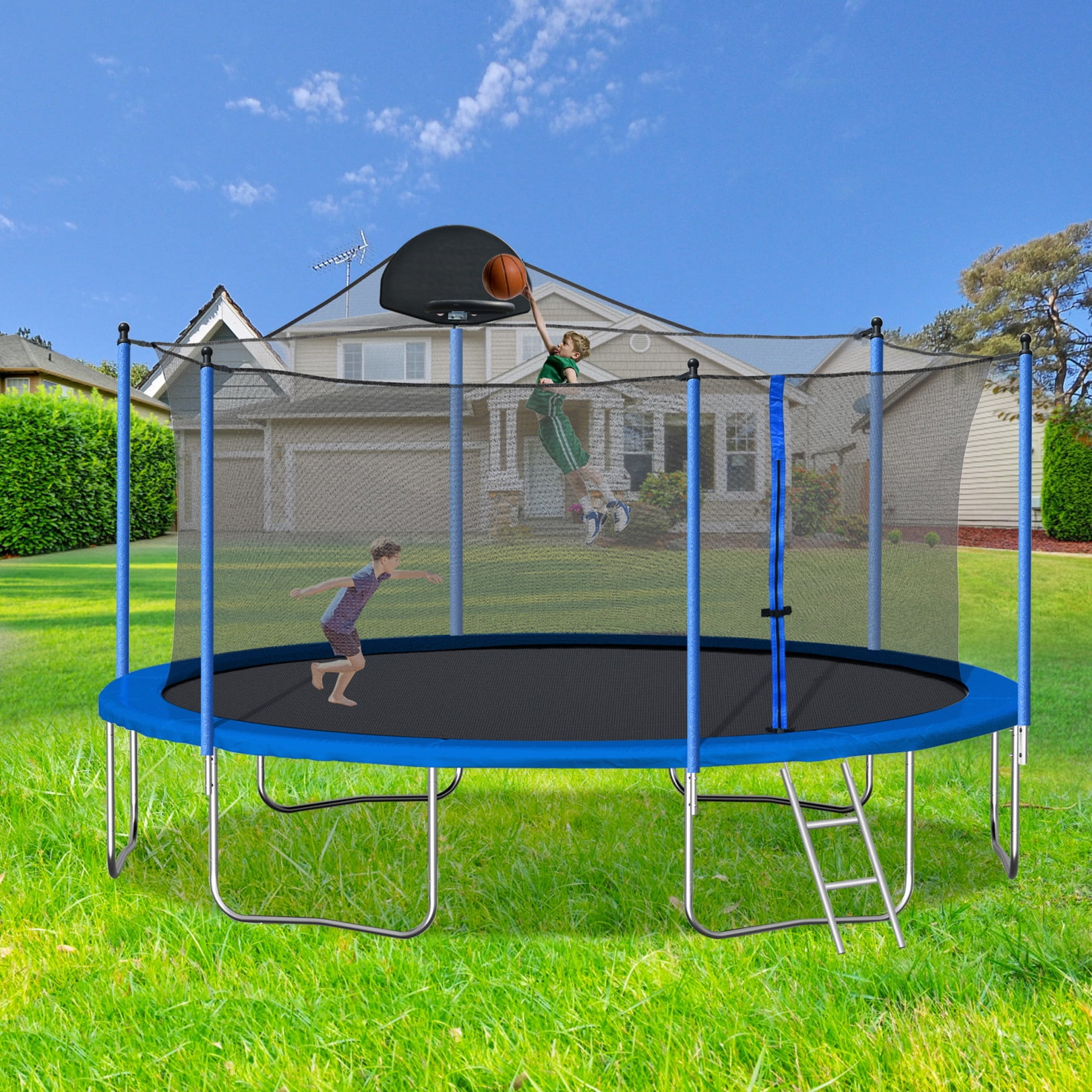 JINS & VICO Outdoor Trampoline with Basketball Hoop and Safety Enclosure (Blue, 14 ft) vekyb