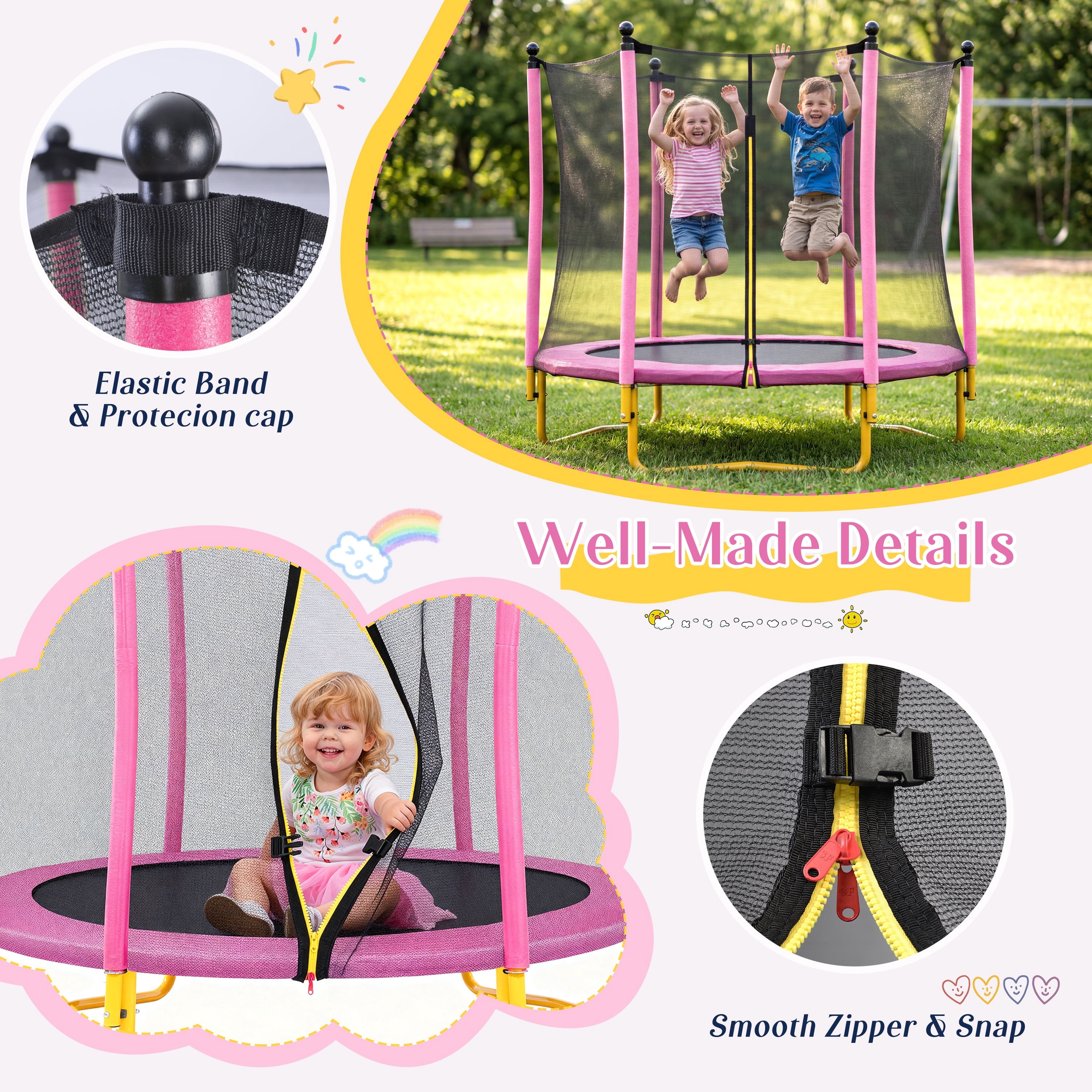 Segmart Kids Trampoline with Safety Enclosure Net and Padded Frame (Pink, 65 in) ex5fj